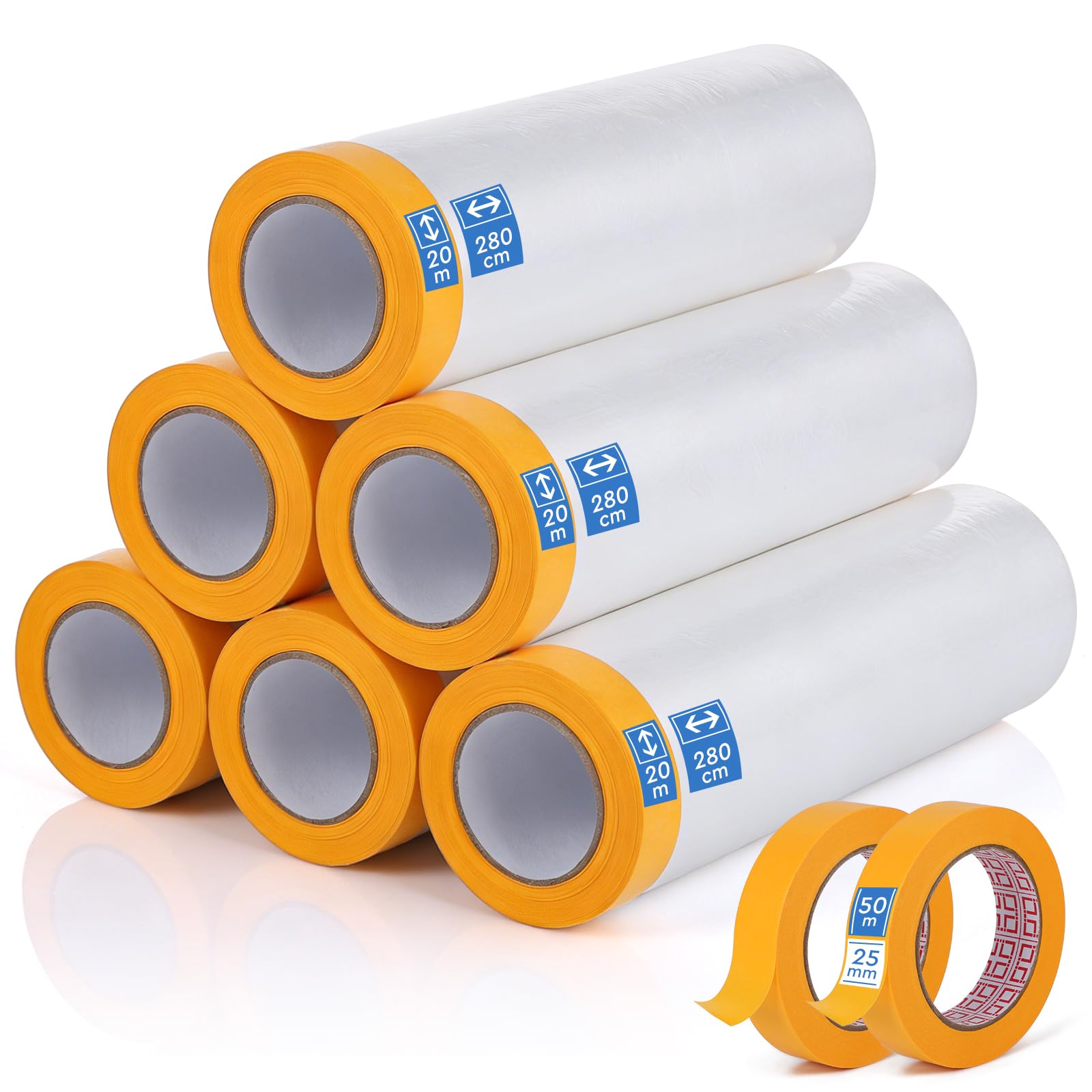 EFUTURETIME 6 Rotoli di Pellicola per Mascheratura con Nastro Adesivo, Telo Copritutto per Pittura 280 cm x 20 m e 2 Painters Tape 25 mm x 50 m