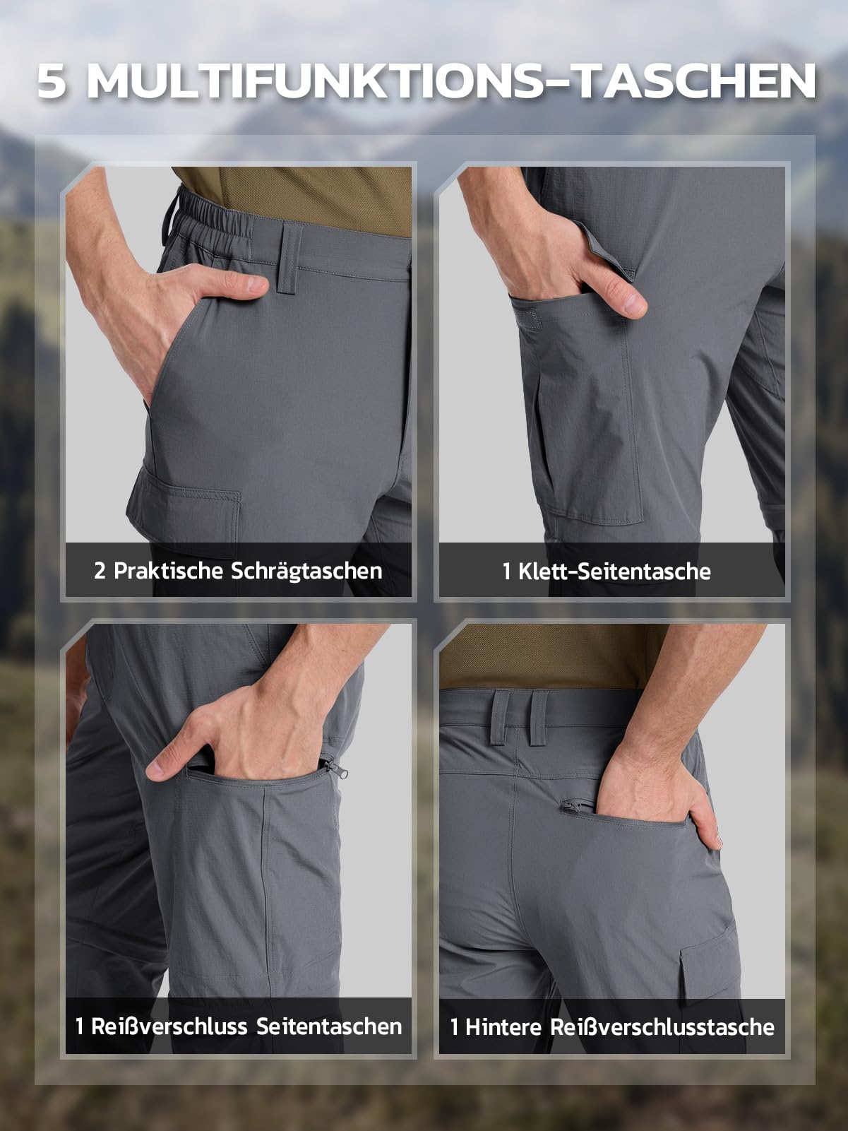 Hiauspor Pantalon de randonnée pour Homme Zip Off Pantalon d'extérieur Léger à séchage Rapide Stretch pour Le Trekking, la pêche, Le Cargo (Gris Foncé, XL)