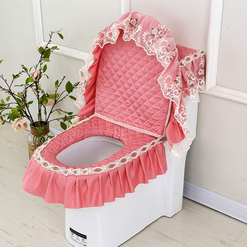 WSHINE Lace Embroidery Bath Accessories Velvet Tank Cover + Lid Cover + Toilet Seat Cover, Embroidered Bathroom Decor : Home & Kitchen