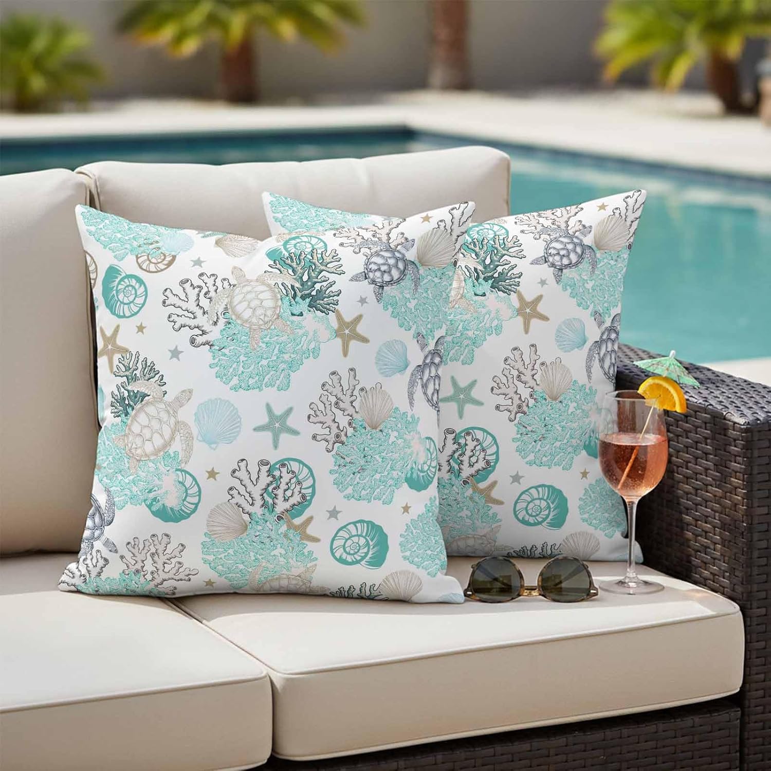 Summer Coastal Outdoor Pillow Covers Set of 2, Ocean Sea Turtle Seaweed Decorative Waterproof Throw Pillowcase Teal Grey Abstract Art Cotton Linen Soft Cozy Cushion Cover Pillowsham 20x20In