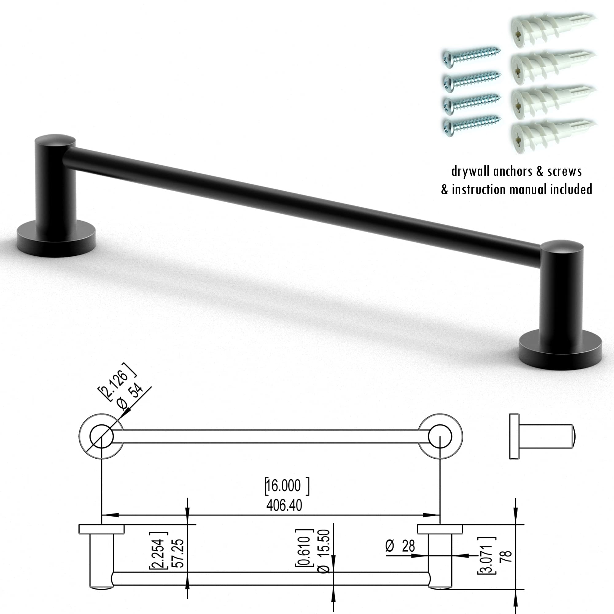 16 inch Towel Bar for Bathroom or Kitchen, Rust-Proof Stainless Steel Construction (Matte Black, 2-Pack)