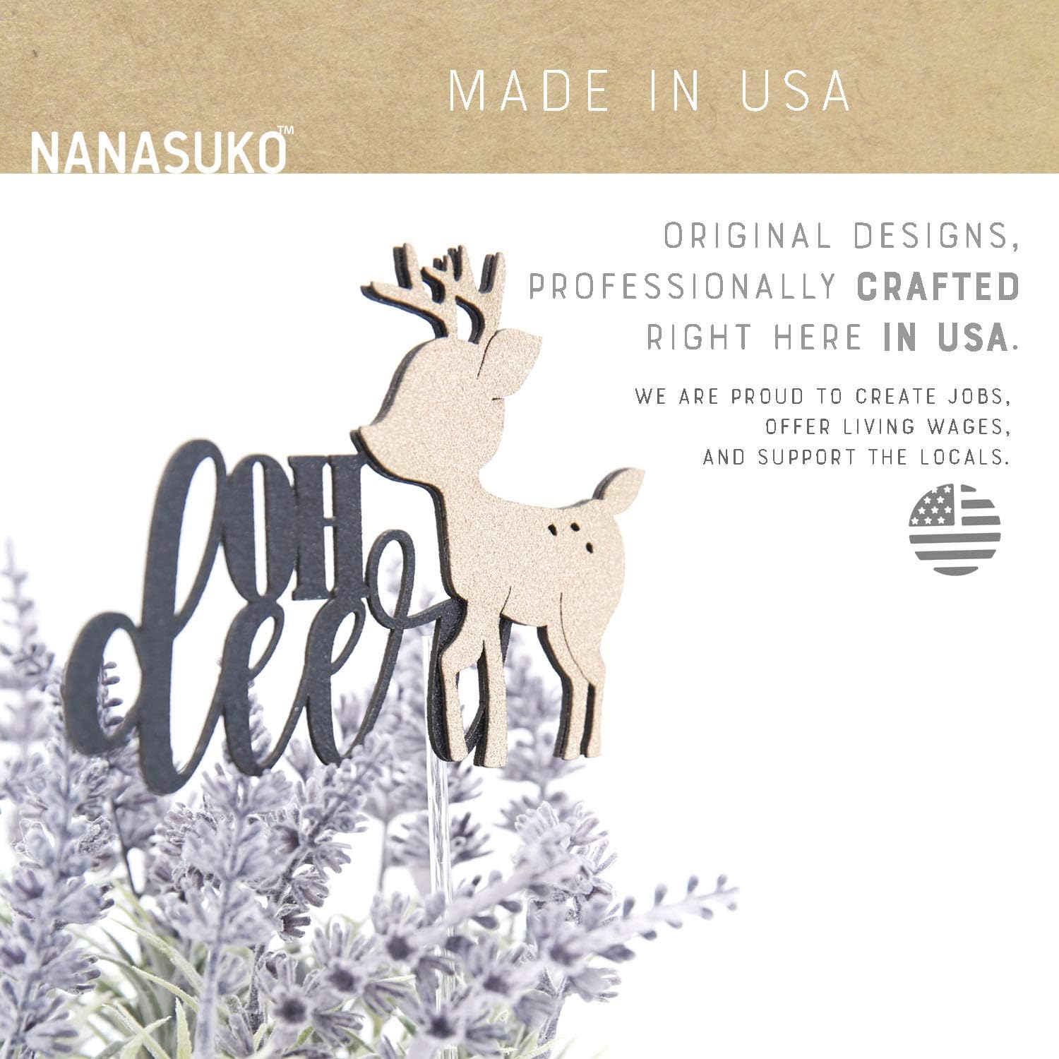 Baby Shower Cake Topper - oh deer - Double Sided Black Glitter with Champagne Buck - Premium Quality Made in USA