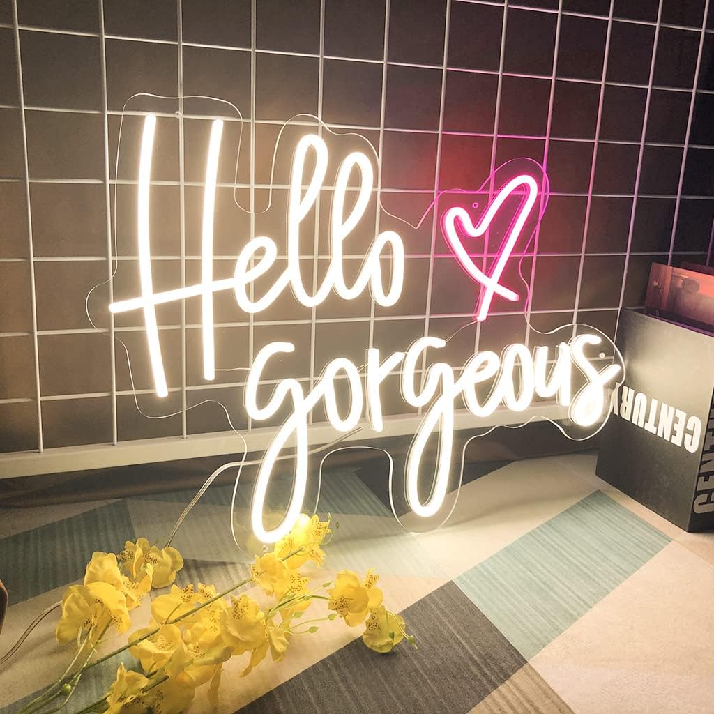 Large LED Neon Signs for Hello Gorgeous, 19.7 inches Wedding Light Neon Signs for Bedroom, Birthday Party, Home,Bar, LED Neon light Sign for Home Wall Christmas Decor Art Gift((Warm White,19.7x14.1)