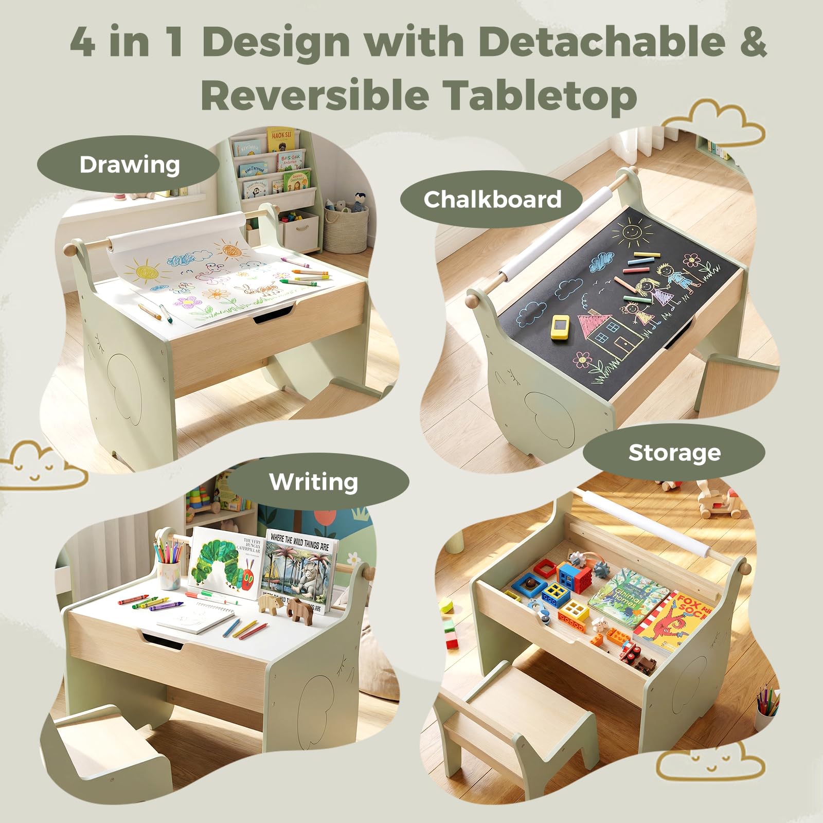 FANTASK 4 in 1 Holz Kindertisch mit Stuhl, wendbare & abnehmbare Tischplatte, Maltisch mit Stauraum & Papierrollenhalter, für Kinder ab 3 Jahren