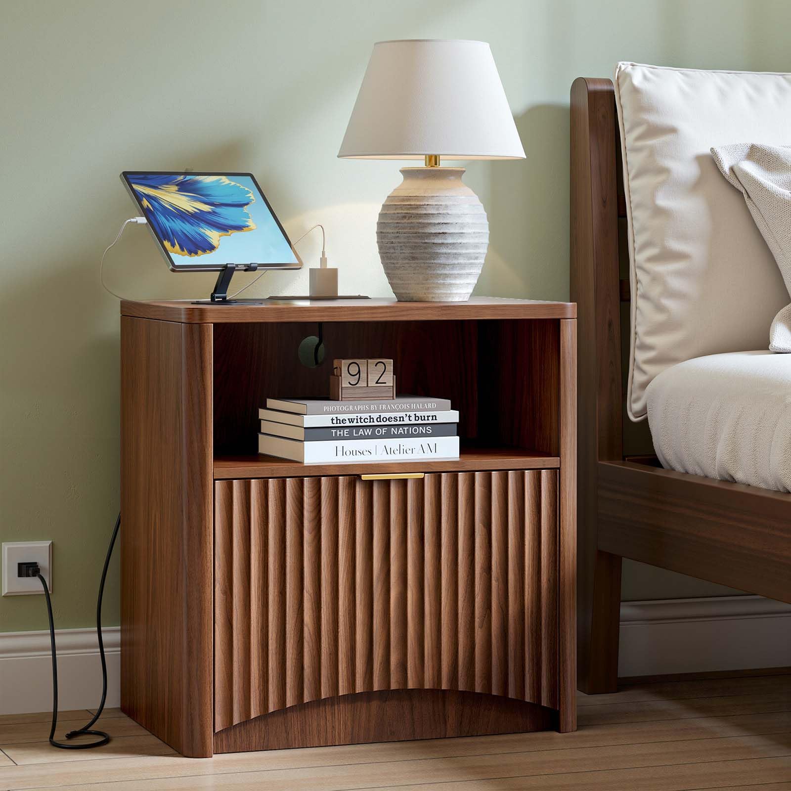 Evermagin Fluted Nightstand with Charging Station, Walnut Bedside Table