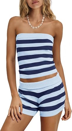 Nirovien Womens Striped Lounge Sets Summer Beach Sets Strapless Tube Tops and Shorts Sets 2 Piece Travel Outfits