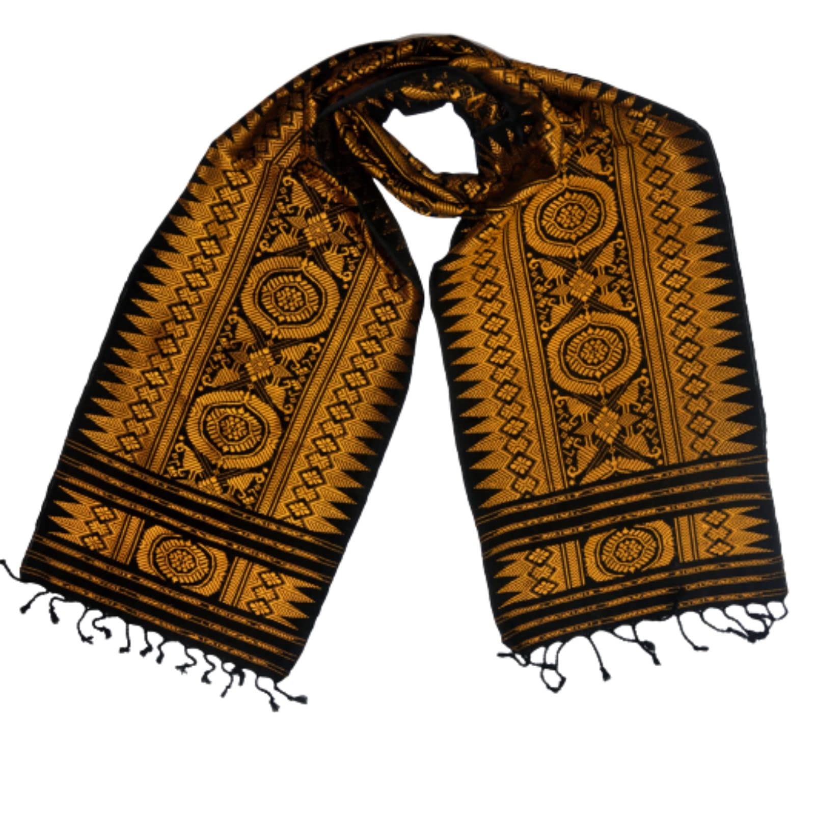 BRAND : Bodo,Boro Traditional Handwoven Ethnic Dress Aronai (MUFFLER/SCARF/STOLE-UNISEX) with different Design woven with varied colors. Color:Black & Golden .Size(190x30) cm