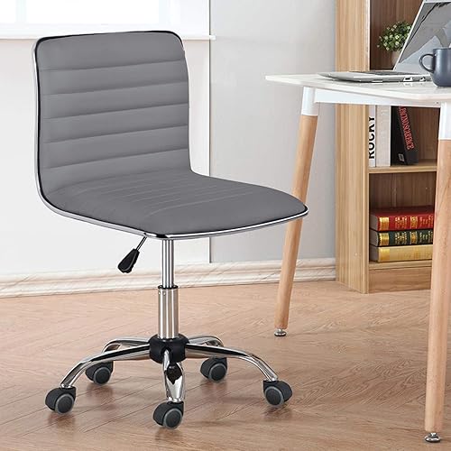 Miniatura 10 de Yaheetech Sillas de oficina de cuero PU, sillas giratorias sin brazos acanaladas, sillas ergonómicas de respaldo bajo con ruedas, color azul