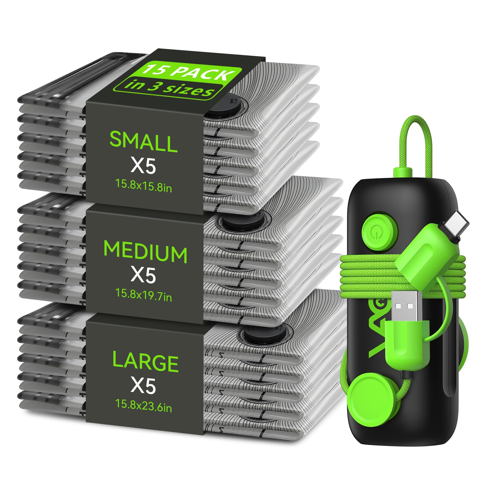 Bolsas de vacío para viajes, bomba eléctrica USB, paquete de 15 bolsas de sellado al vacío de tamaño de mano para ropa, bolsas de almacenamiento al vacío que ahorran espacio para equipaje