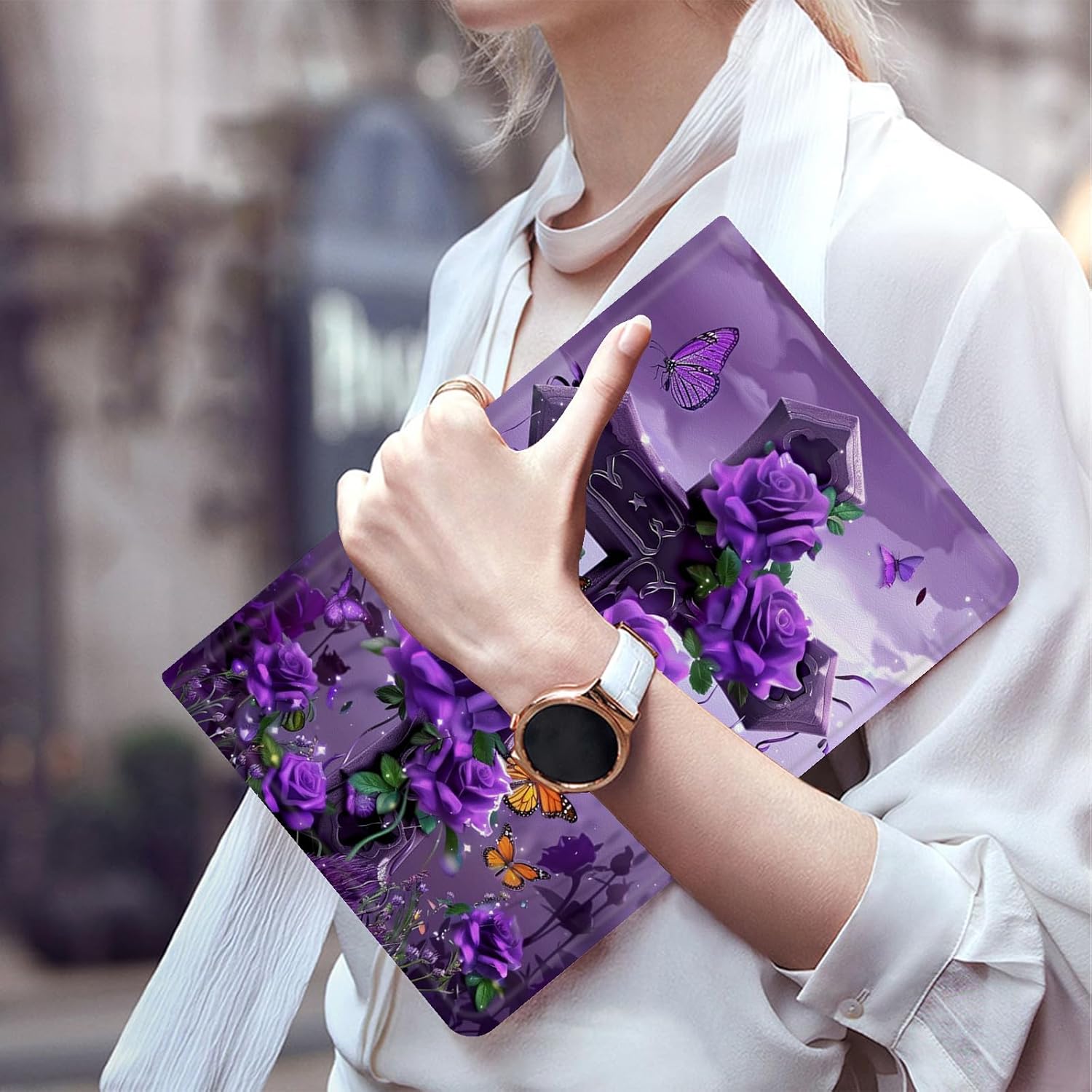 Case for iPad (A16) 11th Generation 11 Inch (2025), for iPad 10th Generation Case 10.9 Inch (2022) - Slim Shockproof Shell PU Leather Stand Cover w/Auto Sleep Wake-Cross with Purple Rose Butterflies