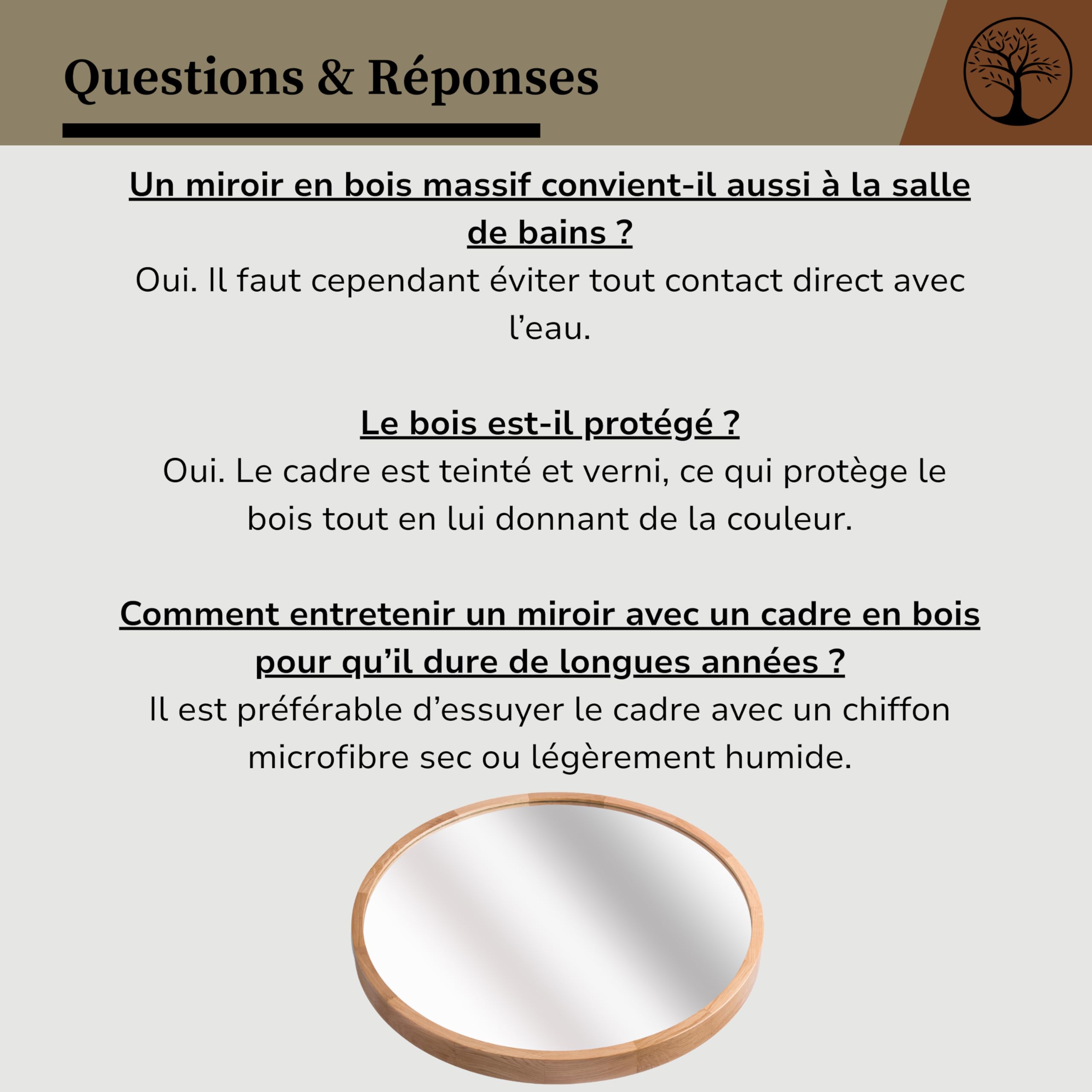 LEJA – Miroir Mural Rond, Cadre en Bois (∅80 cm), chêne – pour Salle de Bain, entrée, Salon, Chambre