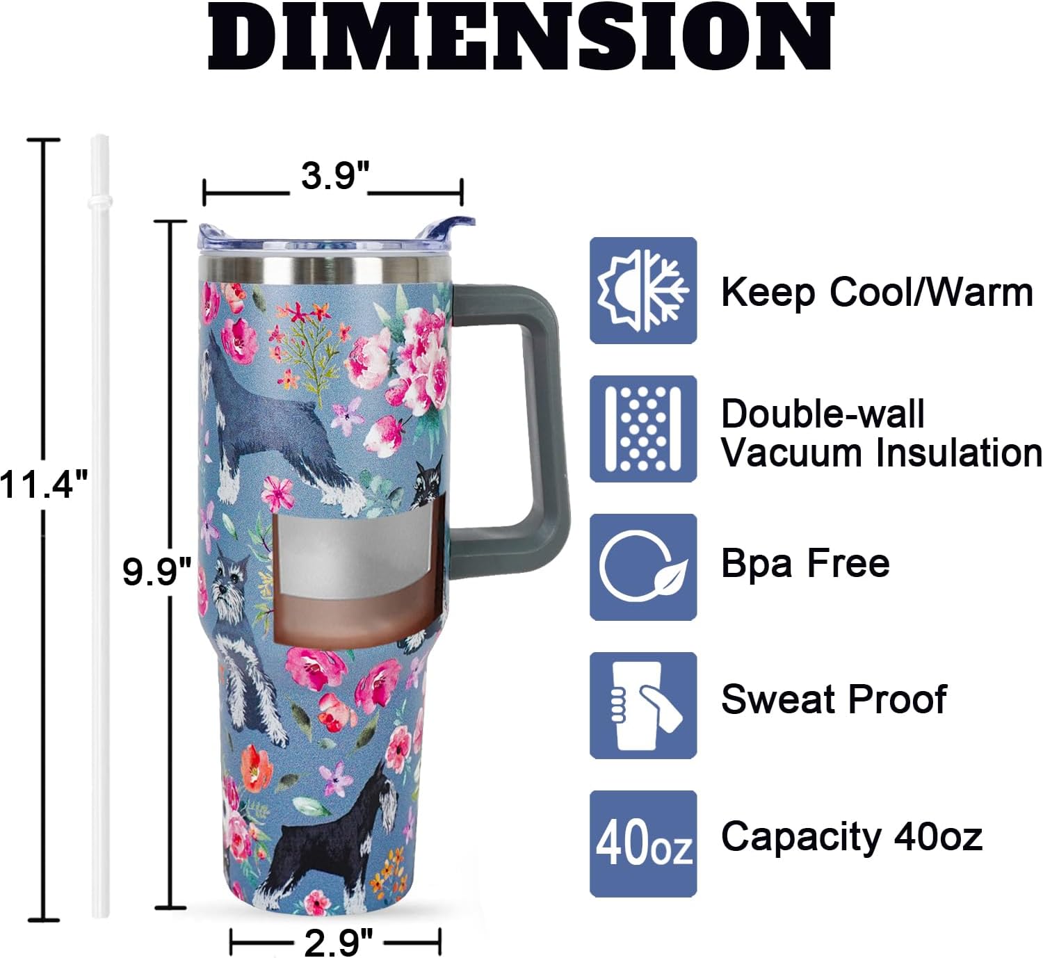 Schnauzer Gifts for Women Cute Dog Tumbler Coffee Cup for Women Schnauzer Travel Mug 40 OZ Stainless Steel Insulated Water Bottle With Lid and Straw - Image 3