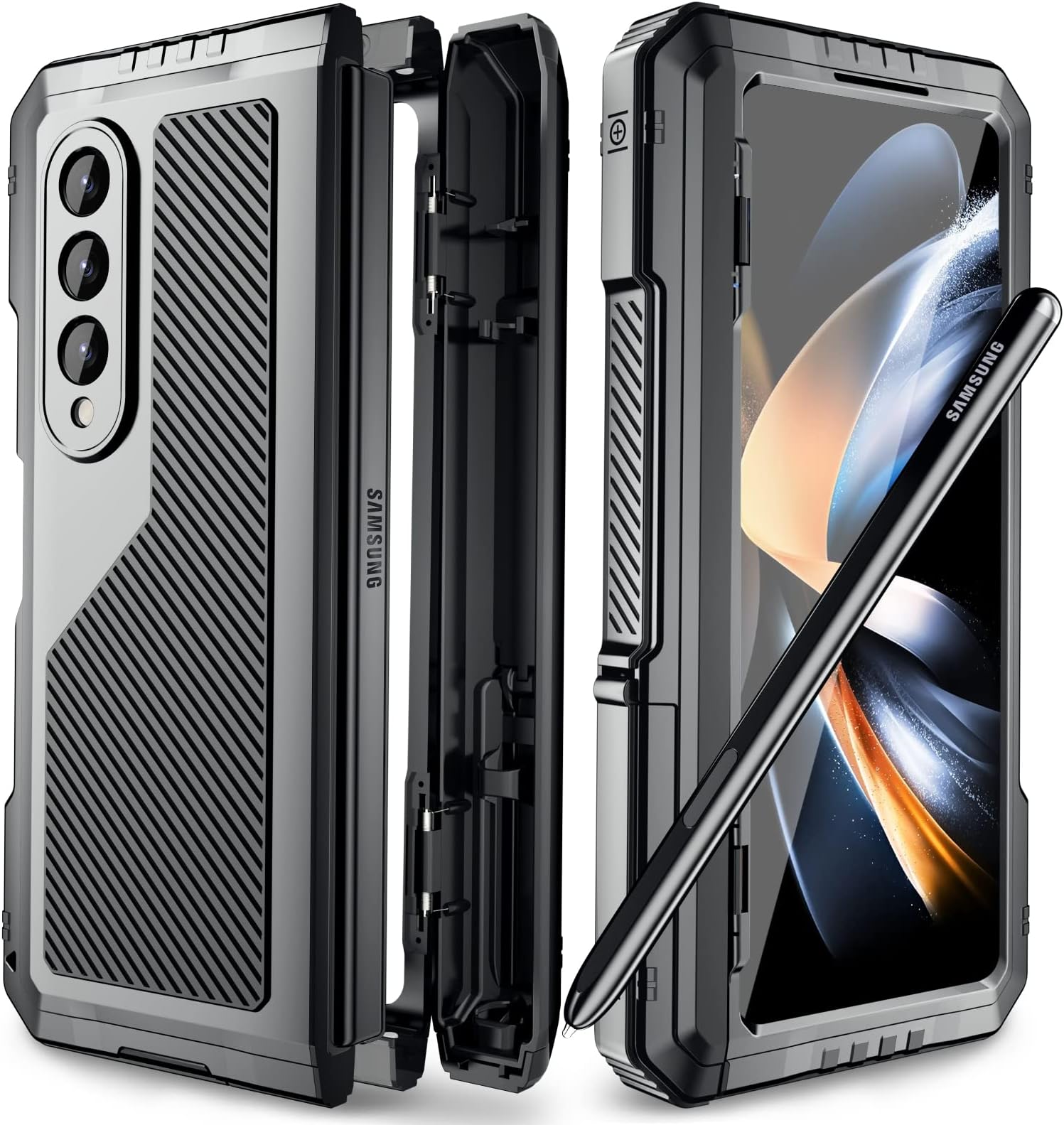 for Samsung Galaxy Z Fold 4 Case with S Pen Holder and Hinge Protector, Samsung Fold 4 Case Shockproof Dustproof Heavy Duty Full Body Tough Metal Armor Cover with Screen Protector and Stand