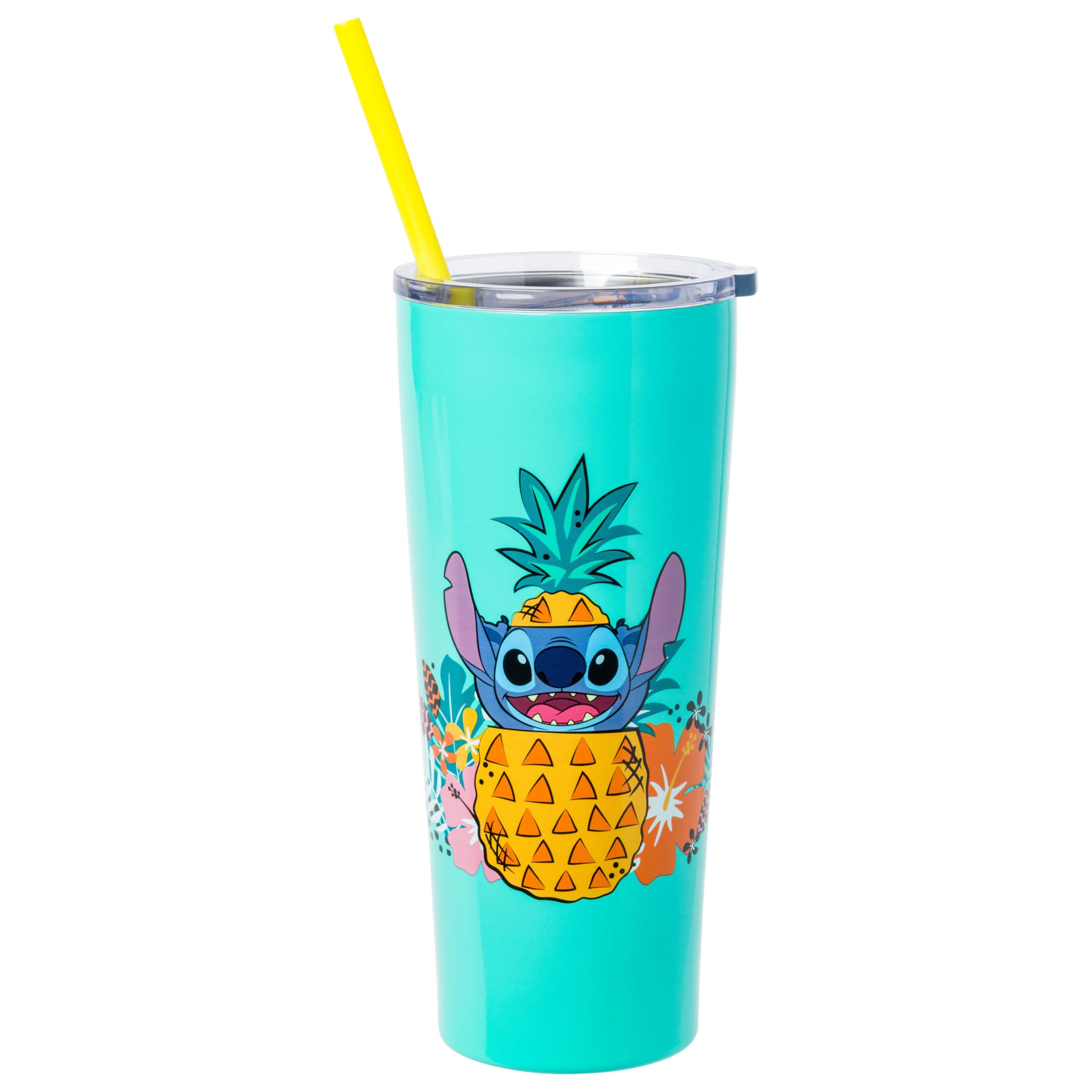 Silver Buffalo Disney Lilo and Stitch Trinkglas, Edelstahl, 625 ml | Ohana Means Family, doppelwandig, inklusive Strohhalm, 0,65 Liter