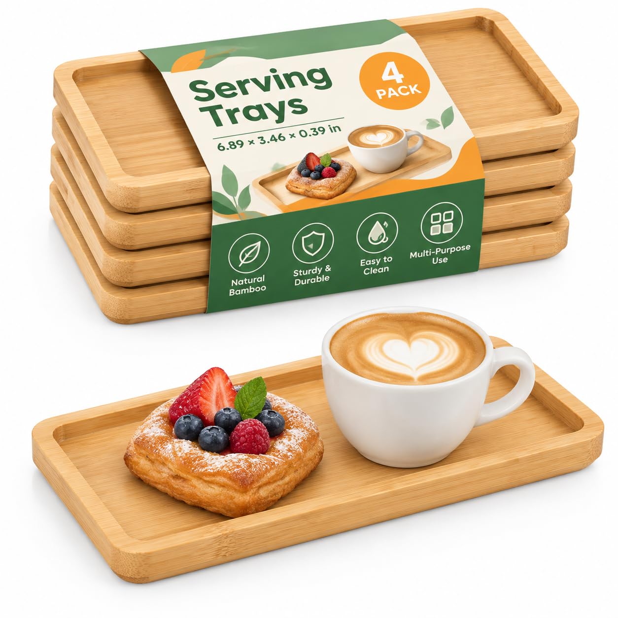 4 PCS Wood Serving Trays Rectangular Wooden Platters Bamboo Wood Saucer