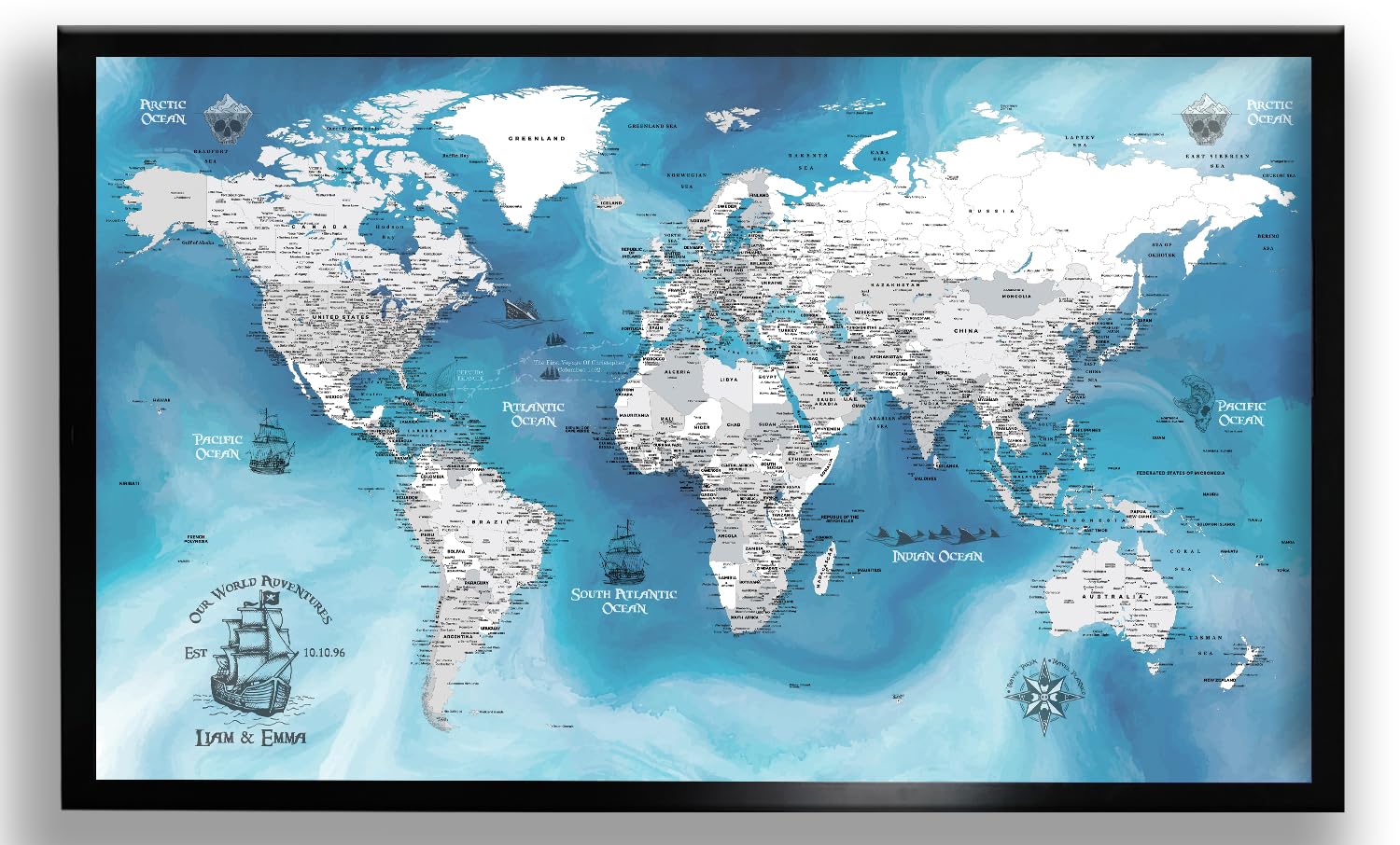 Canvas Art Bay Mapa del mundo de pirata - Lienzo de mapa del mundo personalizado - Mapa de viaje detallado con pines - Impresión de mapa del mundo grande - Tablero de pines de mapa del mundo - Regalo