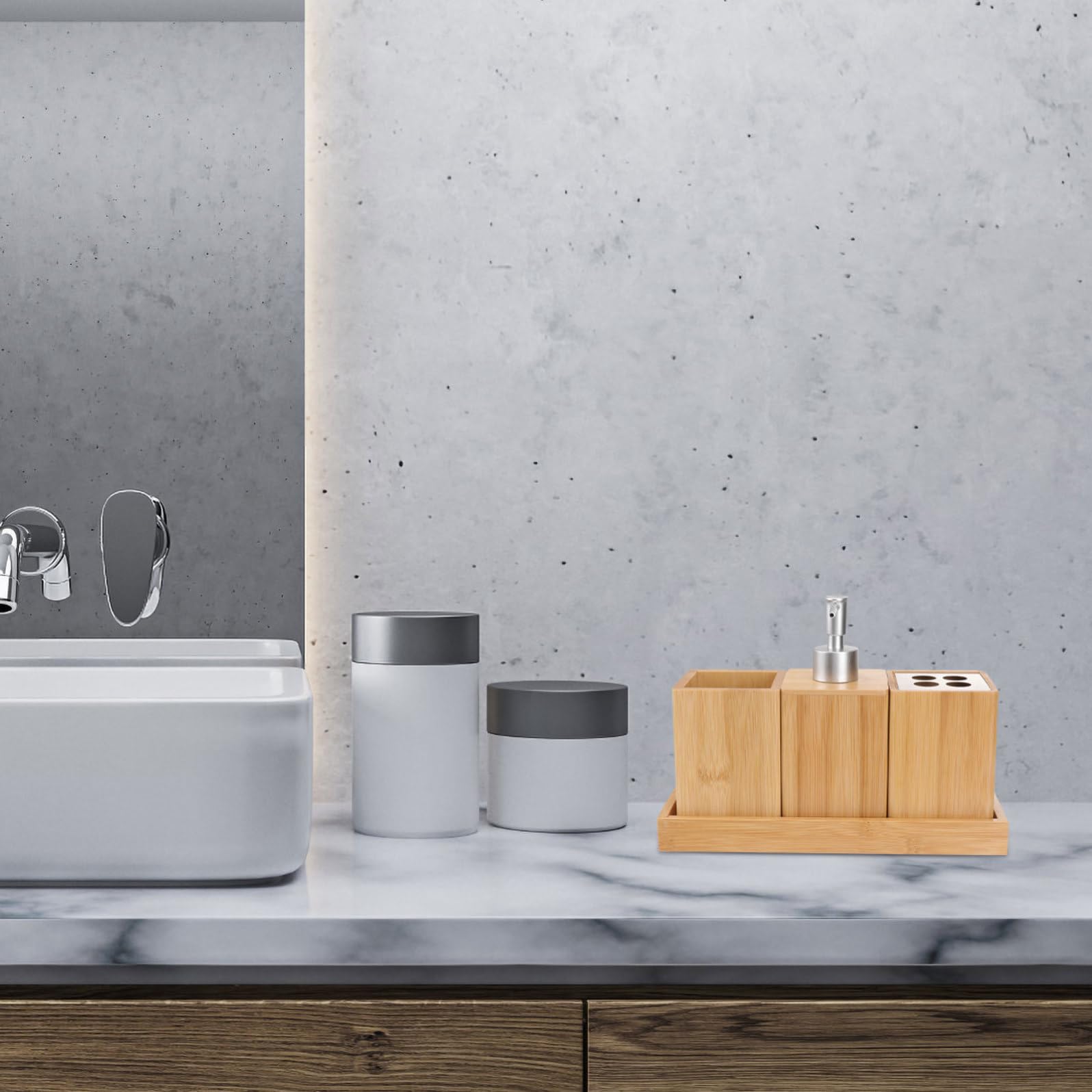 Set Accessori Bagno in Bambù 4 Pezzi Ceramica Marrone e Argento