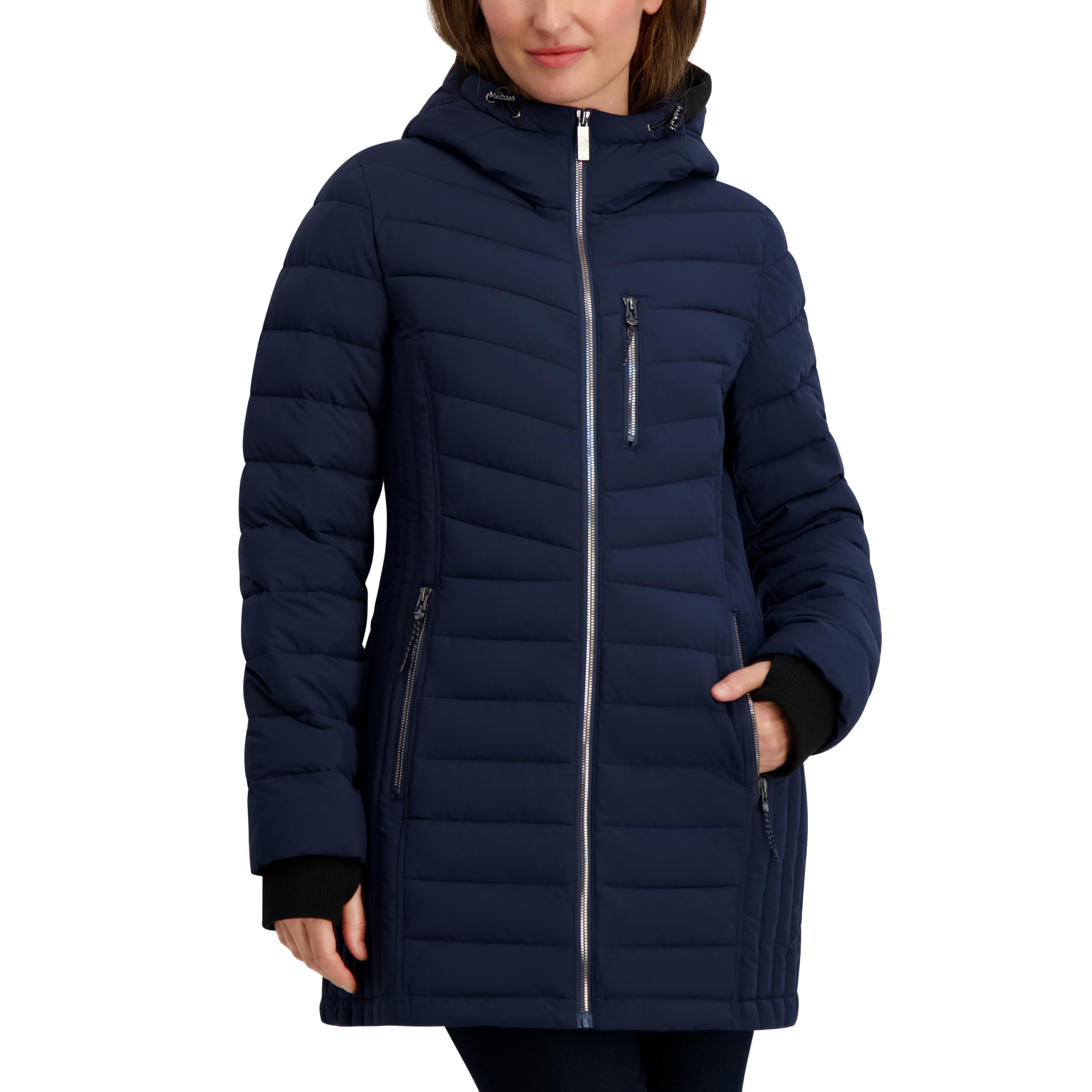 Nautica Women's Stretch Puffer Jacket – Midweight Winter Coat with Detachable Hood, Storm Cuffs, Navy Seas, L