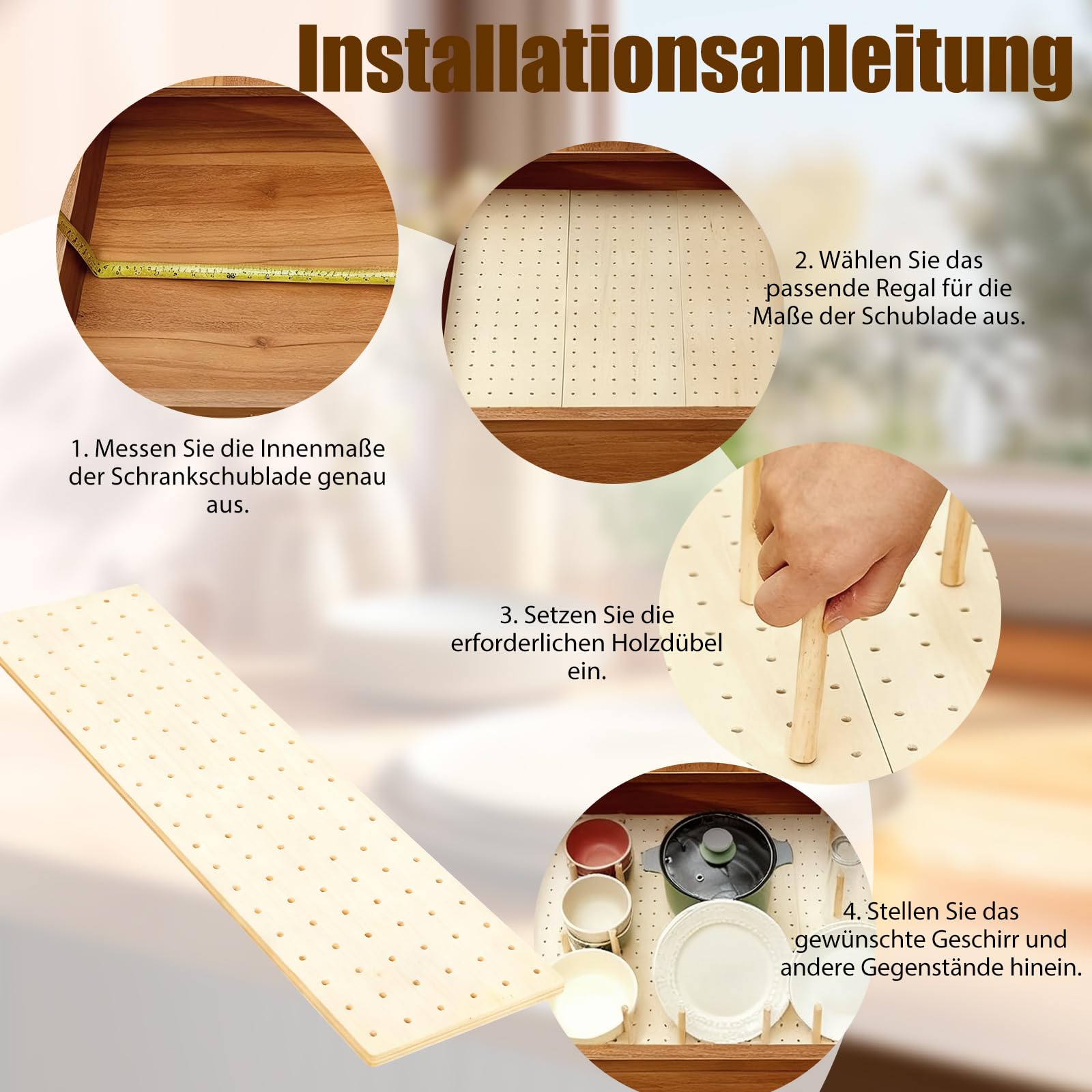 Stecktafel Schublade Organiser, 4 Stück Holz Peg Board System mit 32 Holzstab, 53.3 x15 x1cm Einstellbare Holz Teller Organizer Tablett, Schublade Organizer für Geschirr, Küche Stecktafel