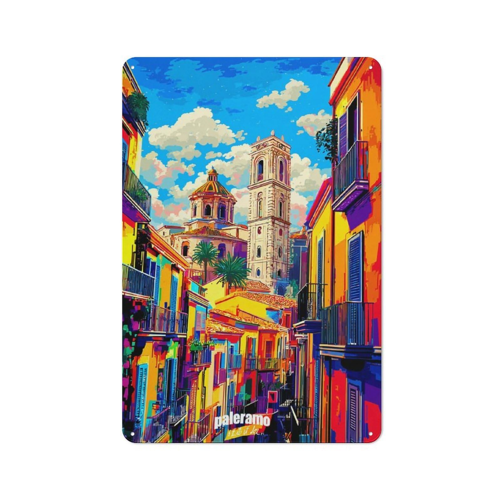 Junmoney Palermo's Vibrant Streetscape Metal Plaque With Design 30X20cm, Cosy Diner Style Decor For Coffee Bar, Kitchen, Bistro Or Tea Corner
