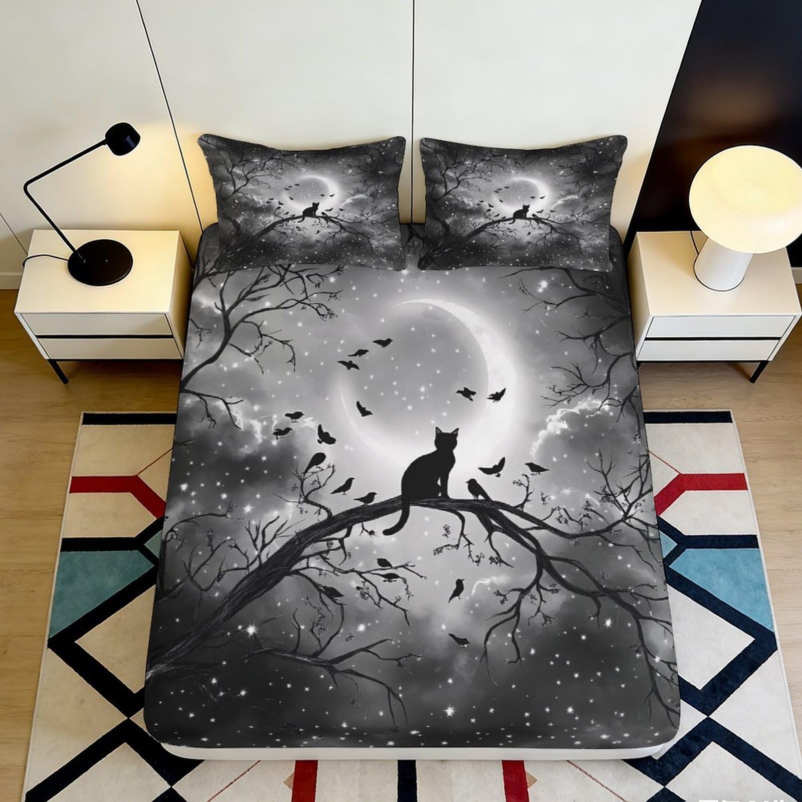 Jqzkxnhpbr Style-4 3D Printed Moonlight Cat Fitted Sheet Microfiber Soft Black Tree Silhouette Mattress Cover For Bedroom Guest Room 90X200x25cm