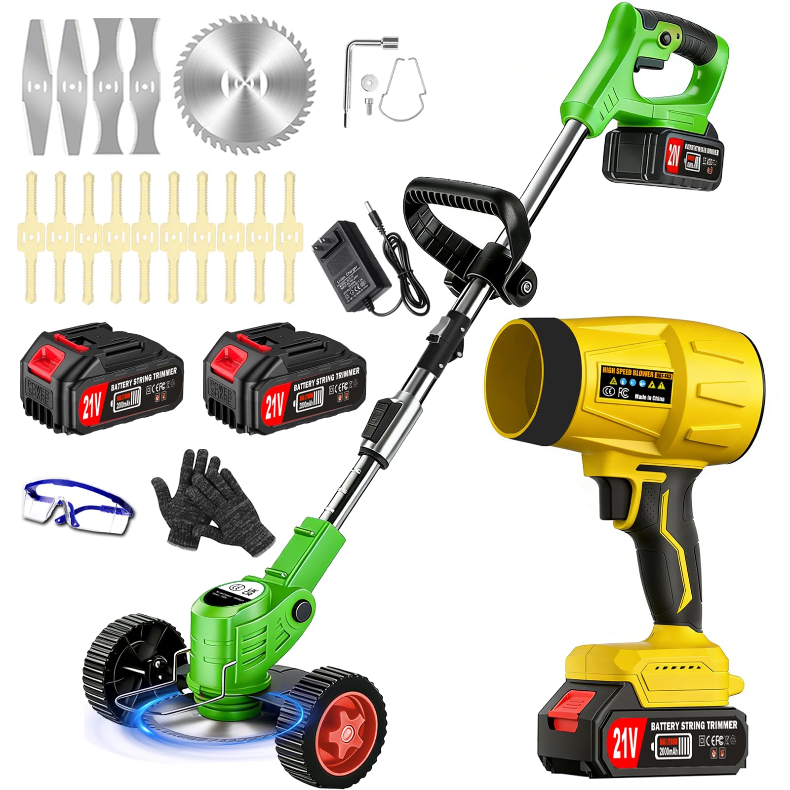 Desenrollador eléctrico inalámbrico 21 V 2,0 Ah corte borde inalámbrico con 2 baterías y cargador rápido tamaño borde con ruedas, tres tipos de cuchillas, ligeras y de bajo ruido, para jardín