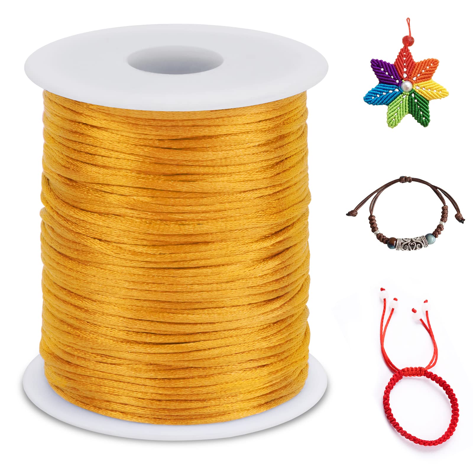 LEREATI Nylon Cord 2.5mm x 100m, Satin Cord Nylon String Macrame Cord, Coloured Beading Thread String for Making Bracelet, Necklace, Chinese Knot, Jewellery (Golden Yellow)