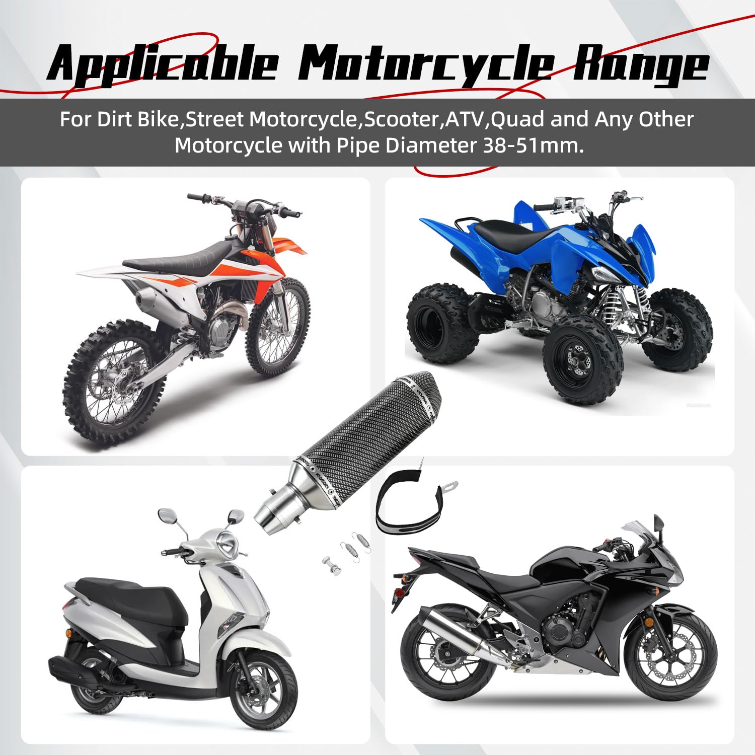 JFG Racing Geluiddemper Inlaat Slip On voor de uitlaat, universeel, van 2,5 - 5 cm (1.5 - 2 inch), geluiddemper met afneembare dB-killer voor street bike, motorfiets, scooter, carbonvezel kleur