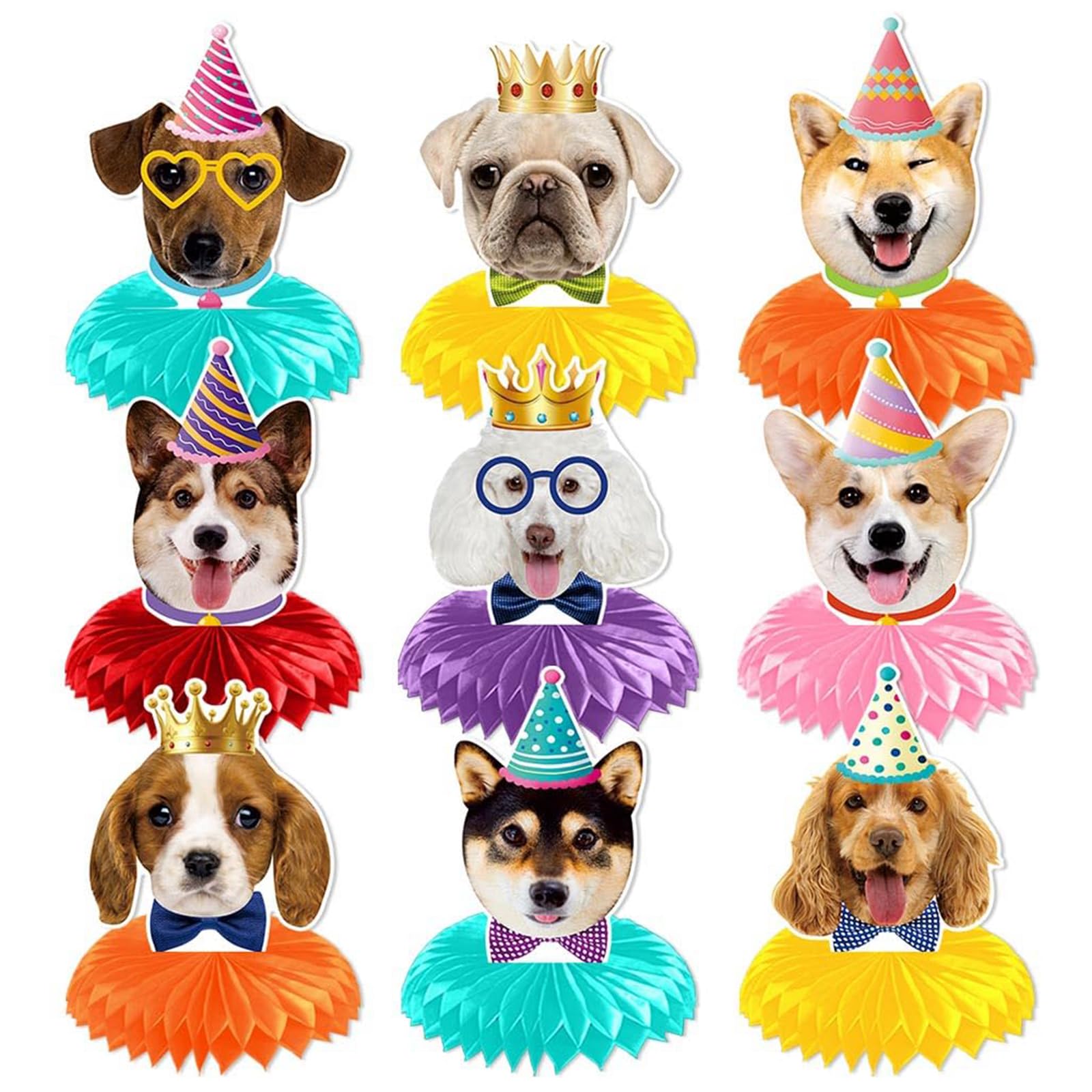 exylosluxek 9 Pack Dog Face Honeycomb Ornaments, Dog Birthday Decorations, Dog Party Decorations, Assorted Themed Centerpiece Decor for Pet Birthday Parties