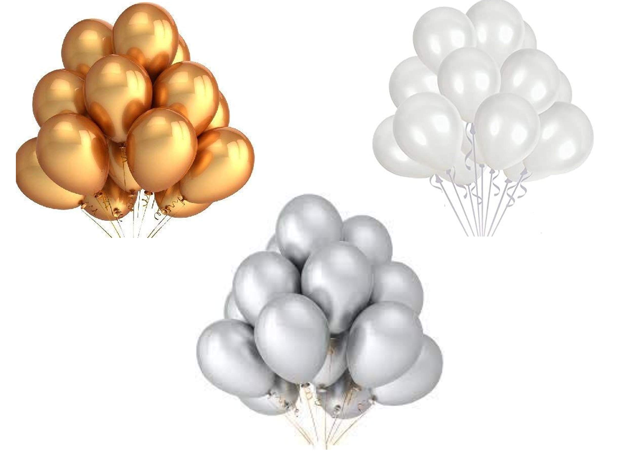 Vail Creations MADE in INDIA 12 inch HD Metallic Finish Balloons for Birthday/Anniversary Party Decoration (Gold + SIlver + White, Pack of 50)