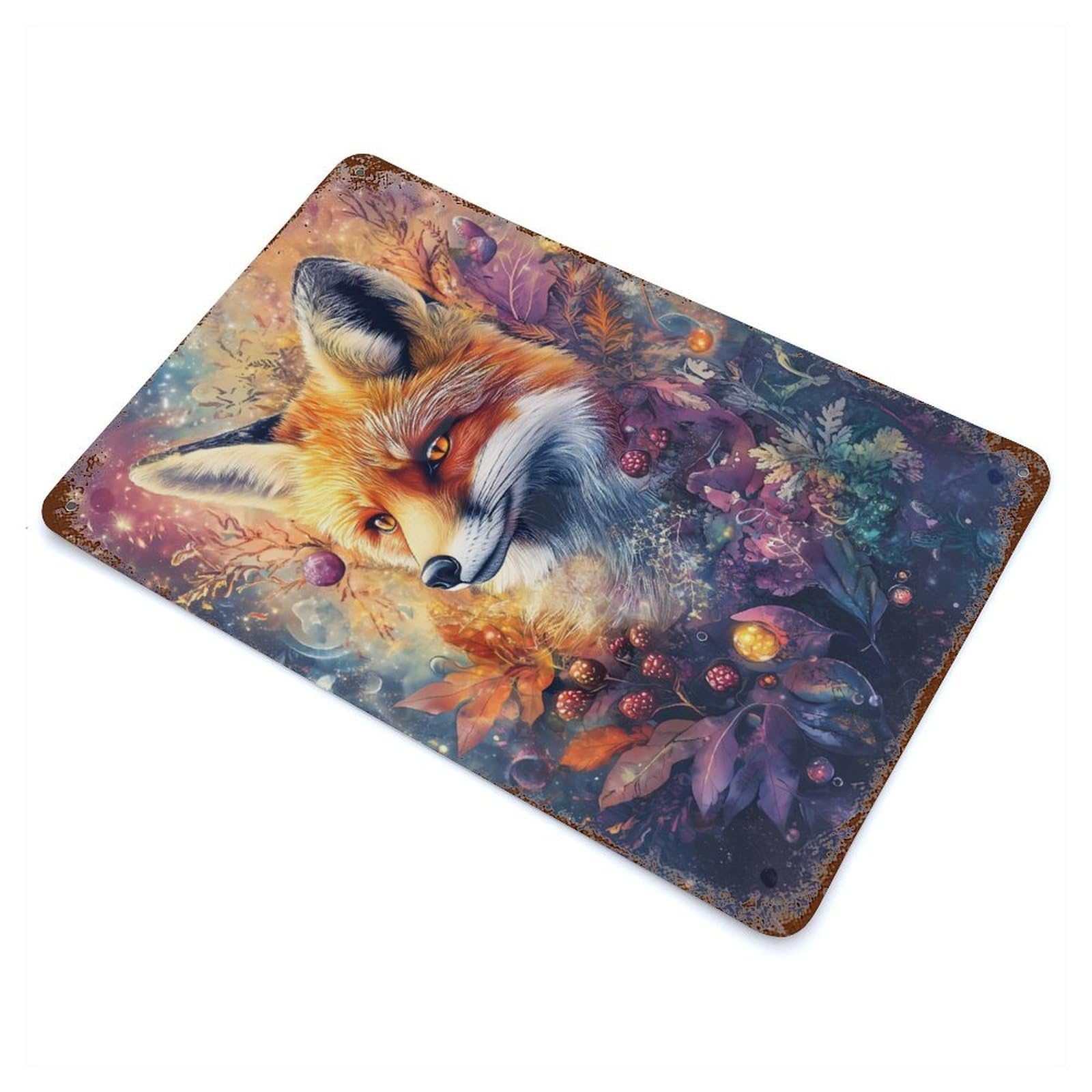 Whimsical Fox with Flowers And Berries – Vibrant Digital Airbrush Art 11.8"x7.9" Aged Metal Wall Plaque, Retro Wall Decor for Farmhouse, Kitchen And Entryway Decor