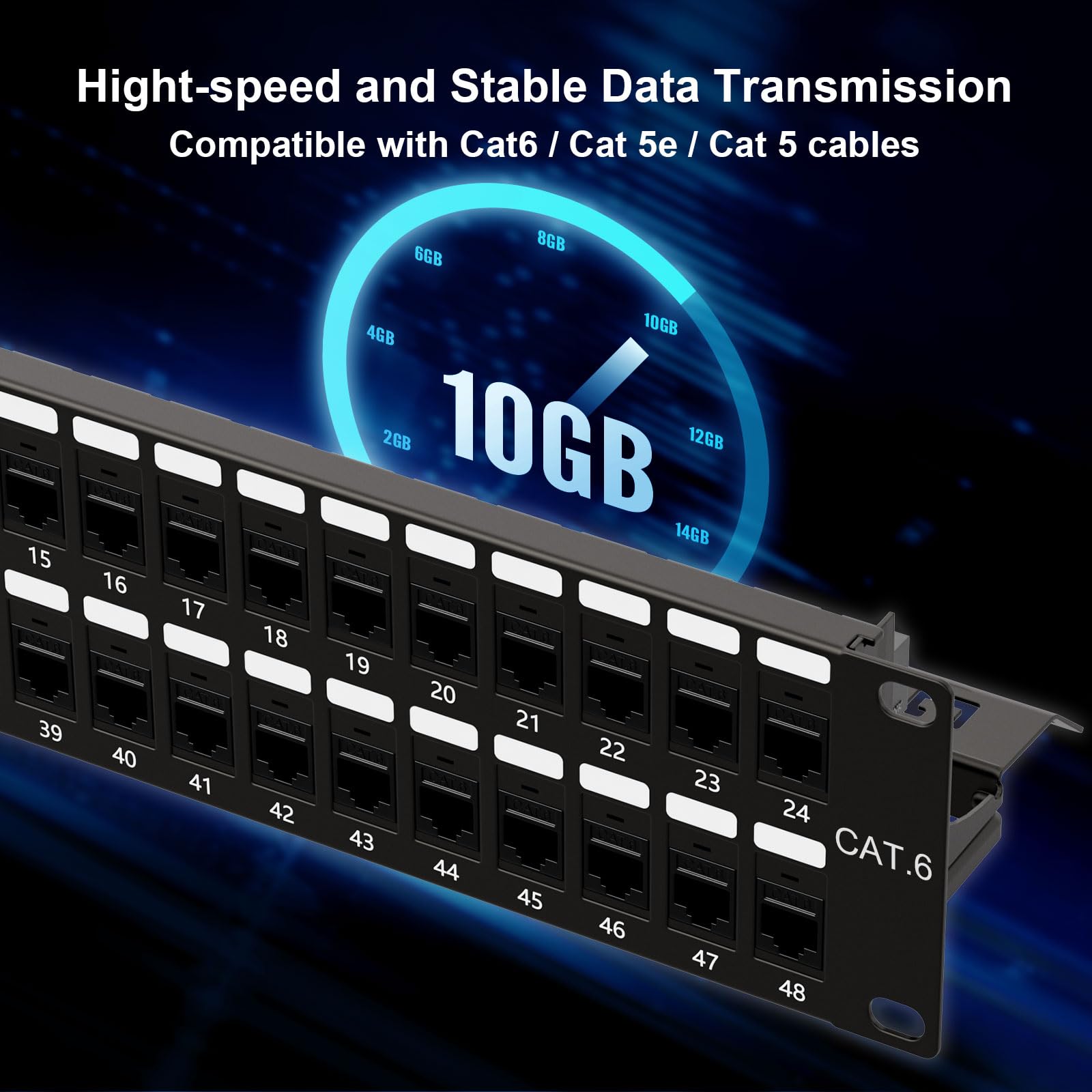 iwillink Panel de conexión Cat6A de 10 Gbps de 48 puertos, panel de conexión Keystone de 2U UTP de 19 pulgadas con barra trasera, montaje en pared o montaje en rack, compatible con cableado Cat5