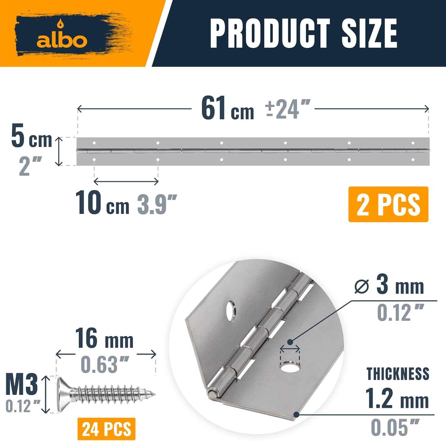 ALBO 24 Inch Silver Heavy Duty Piano Hinge Continuous Stainless Steel 304 (2-Pack), Surface Mount Cabinet Hinges Silver 24"x2" for Server Rack, Display Case, Workshop Bench & Storage, Commercial