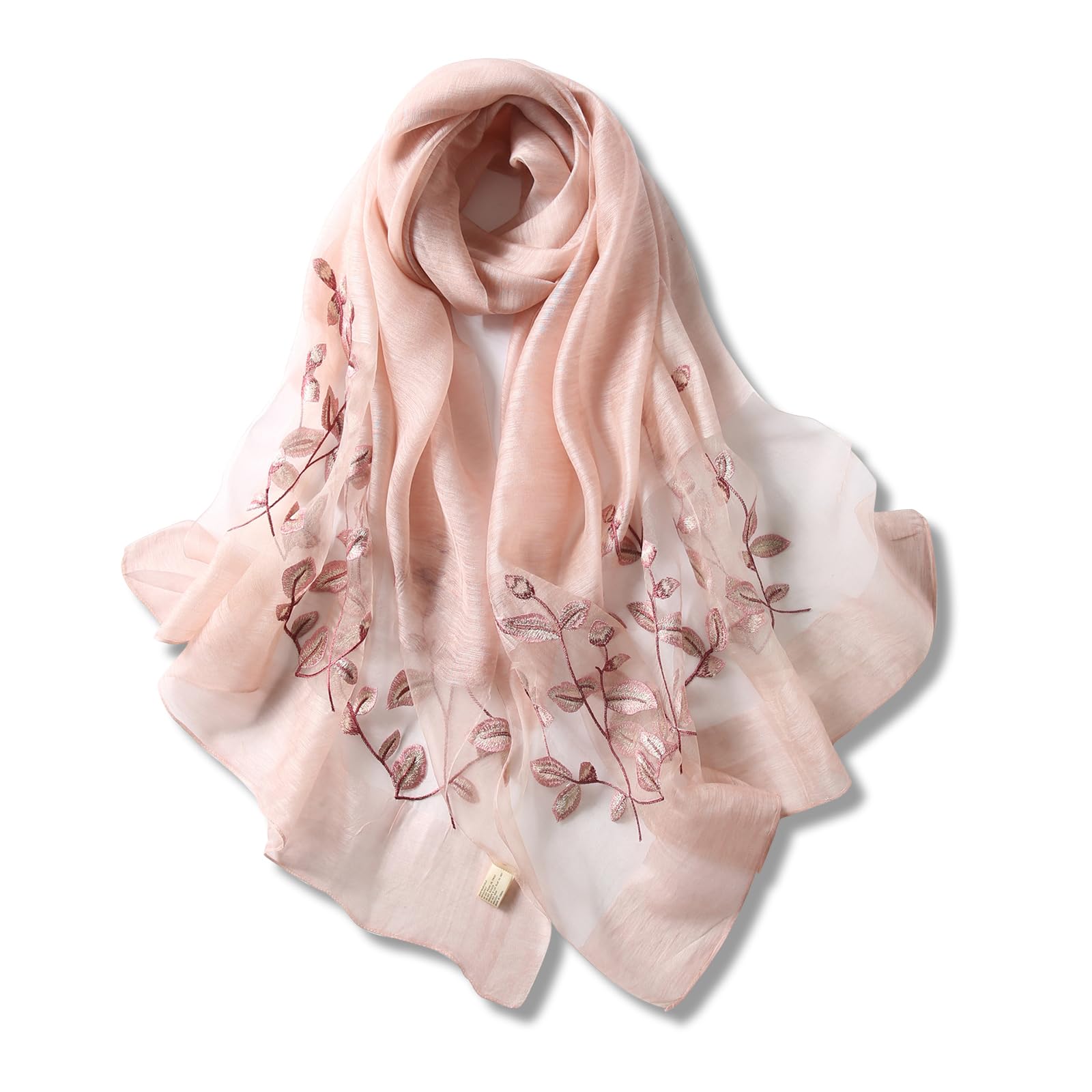 LumiSyne Foulard Soie De Mûrier Femme Écharpe En Mousseline Tulle Transparent Avec Broderie Feuille Léger Doux Écharpe Longue Hijab Châle De Protection Solaire Étole De Mariage Printemps Été Automne
