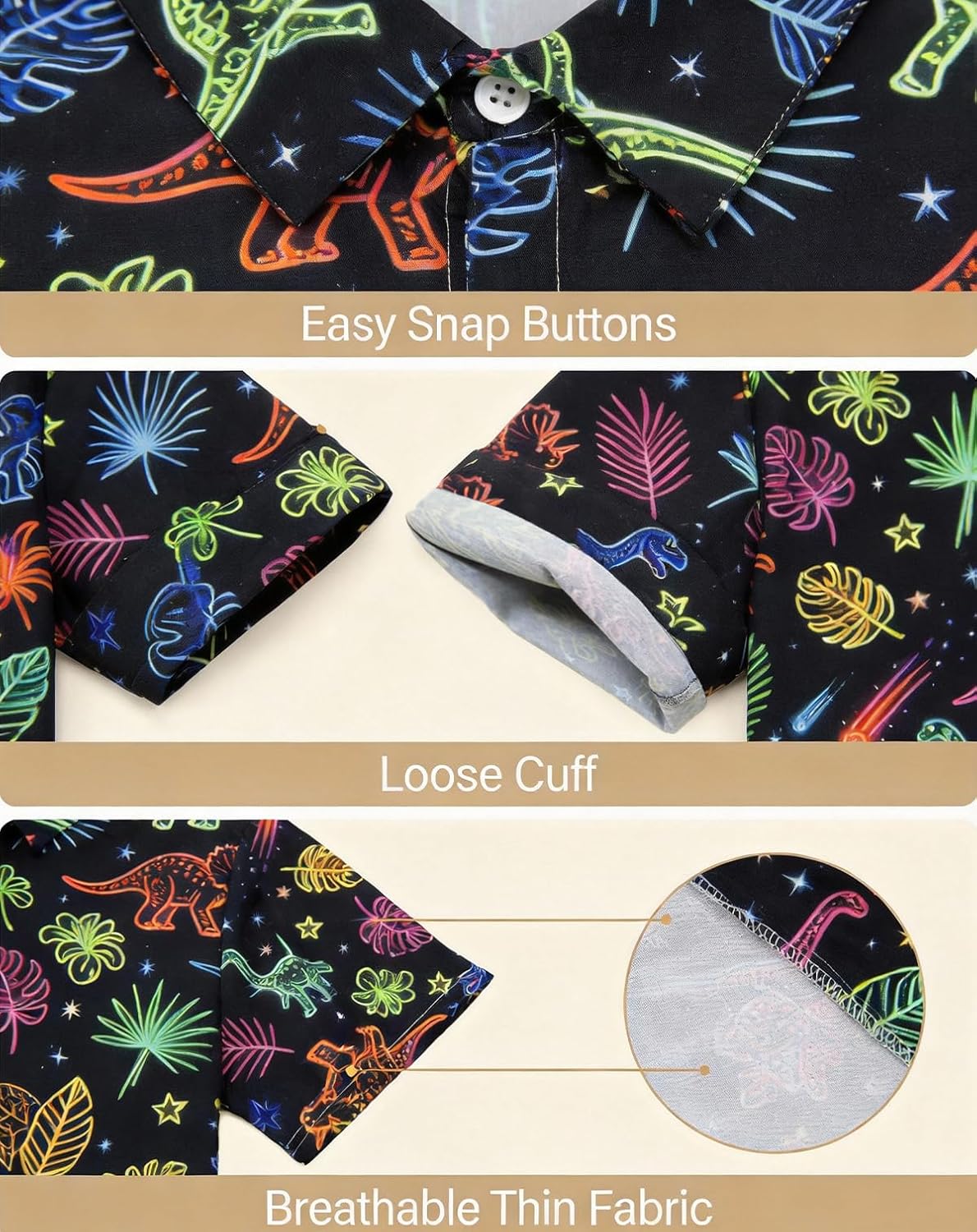 Kids Dinosaur Hawaiian Button Down Shirts,Neon Animals Retro Tropical Cardigan,Boys & Girls Beach Shirts 5-12 Years