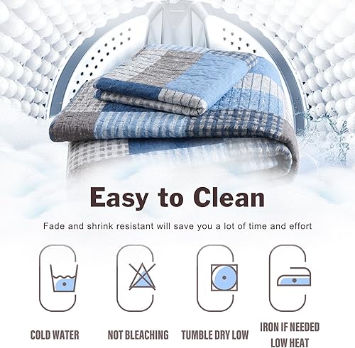 Miniatura 7 de Y-PLWOMEN Juego de edredón de tamaño Queen 100 % algodón, color azul, para cama tamaño Queen, color azul marino, a cuadros, ligero, reversible,