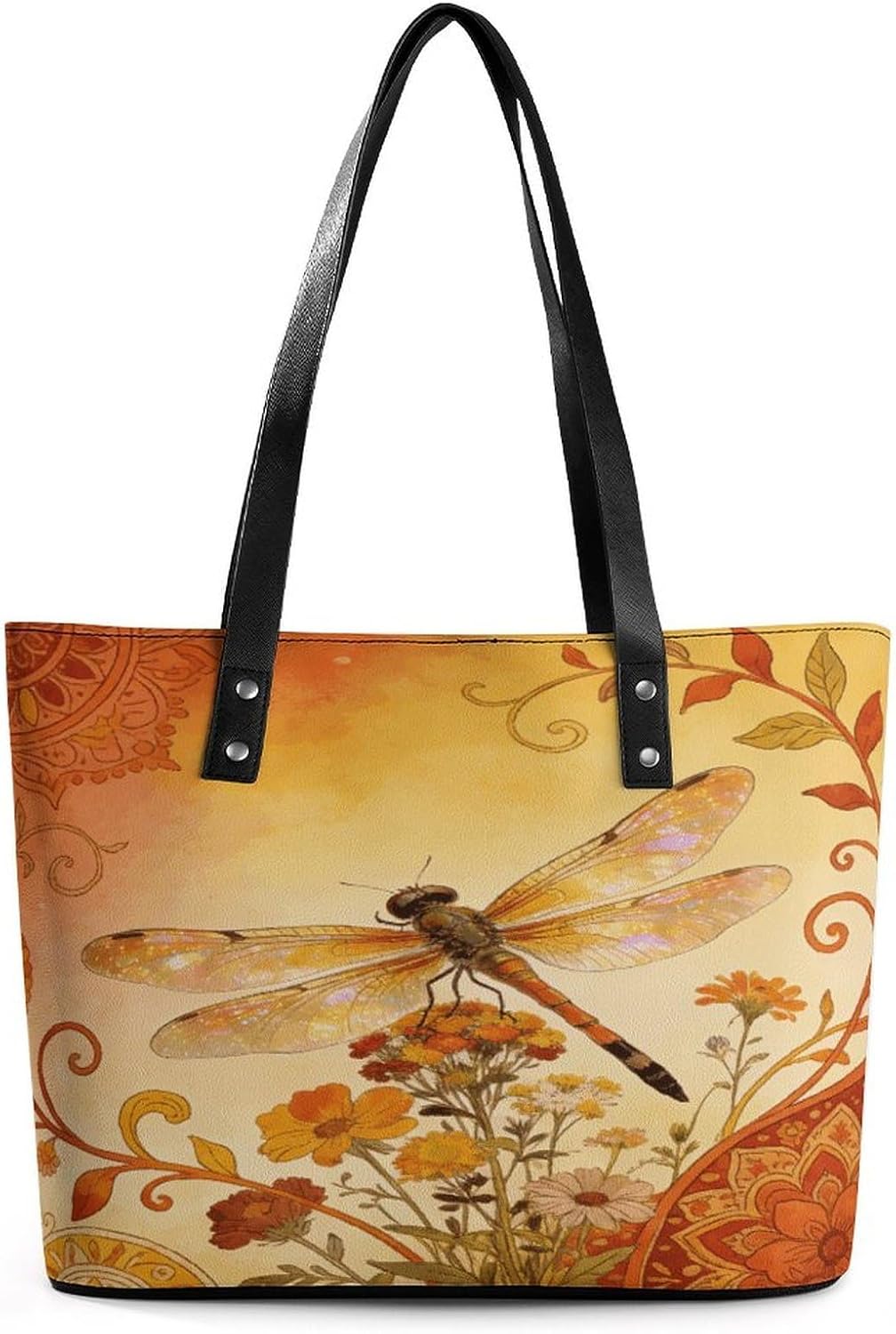 Autumn Dragonfly Perches on The Flower. Tote Bag with Reinforced Bottom & Handles,Gym Bag Durable And Tip-proof,Weekender Bag to Top Zipper Closure,Daily Essentials