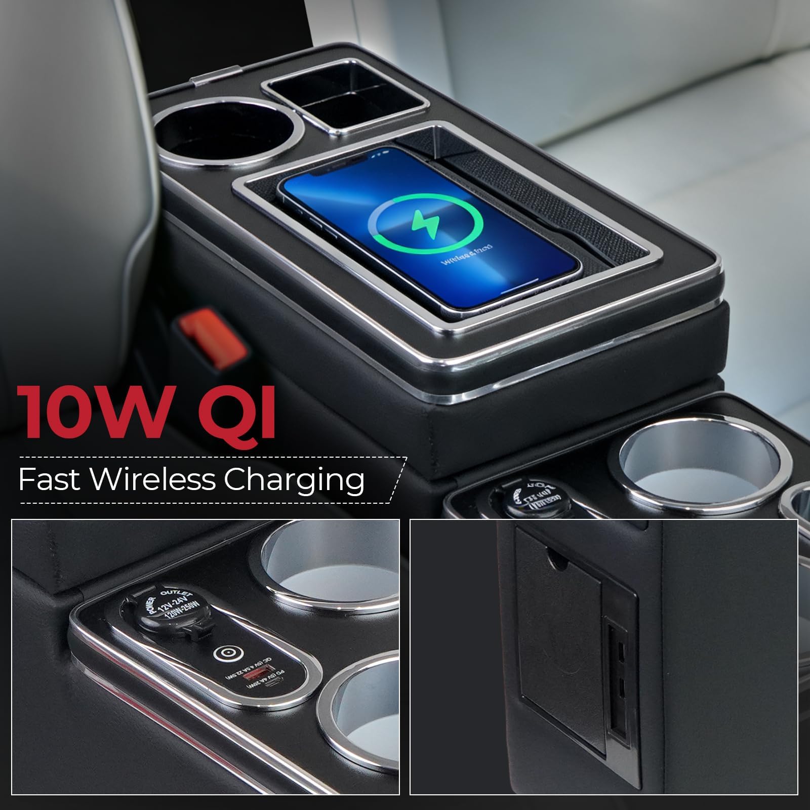 Organizer per console centrale tra i sedili per minivan e SUV, con tappetino di ricarica wireless, luce ambientale a LED blu, supporto per telefono e portabicchieri, console centrale da