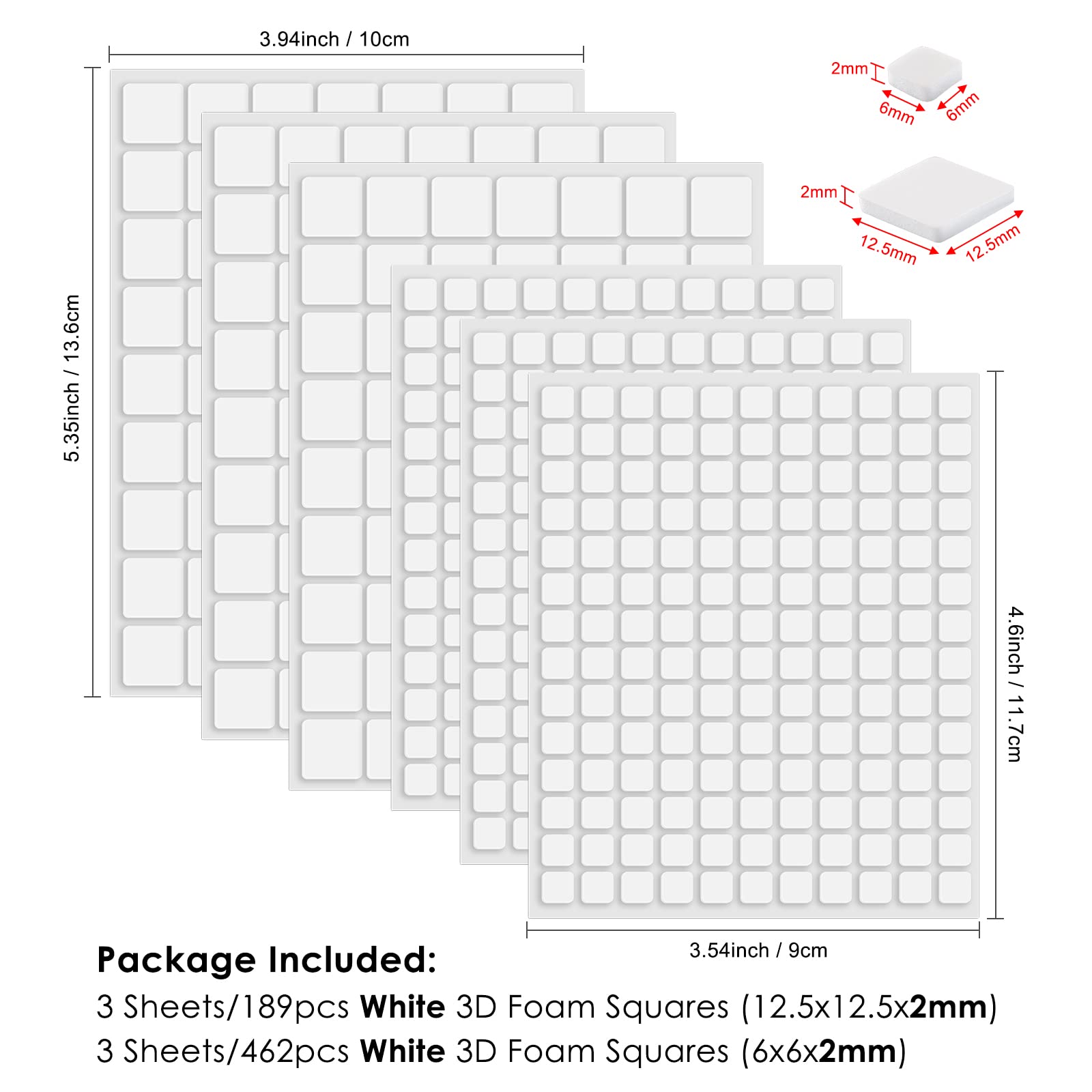Briartw 6 Sheets,3D Double Sided Adhesive Foam Squares to Create Depth,Small and Large Squares Set,White Permanent Sticky Dimensional Adhesives for Scrapbooking,Craft Supplies,Stencils,Album