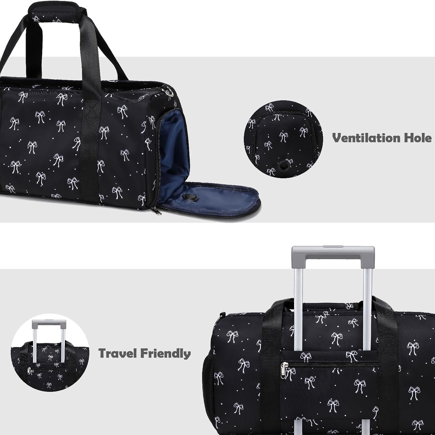 Sports Bag for Girls, Black Duffle Bag for Girls Women Gym Sports Ballet Bag with Shoe Compartments, Girl Women Overnight Weekender Carry On Travel Bag