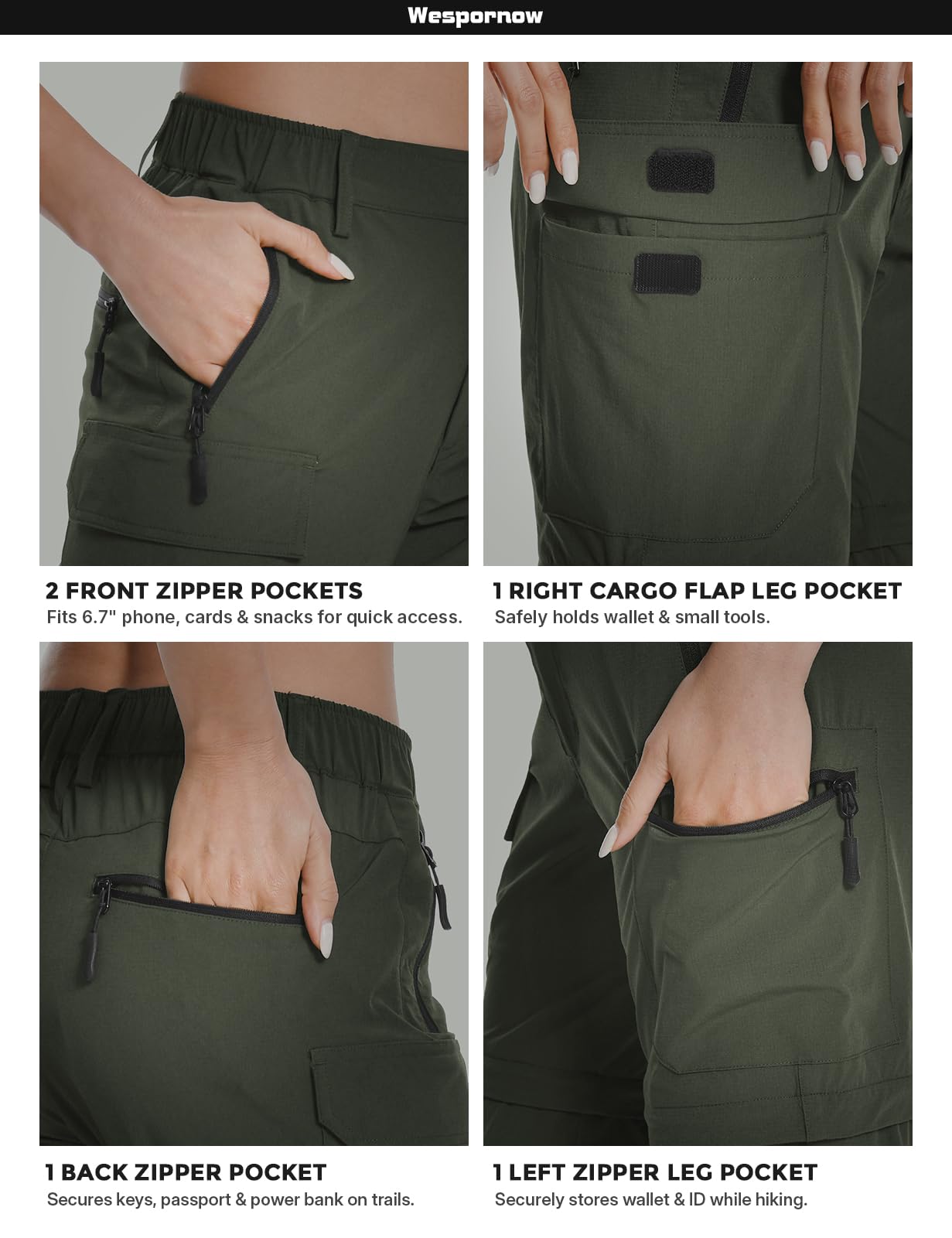 Wespornow Pantalones de senderismo para mujer, con cremallera, transpirables, ligeros, de secado rápido, con buen ajuste, para viajes al aire libre, safari y verano