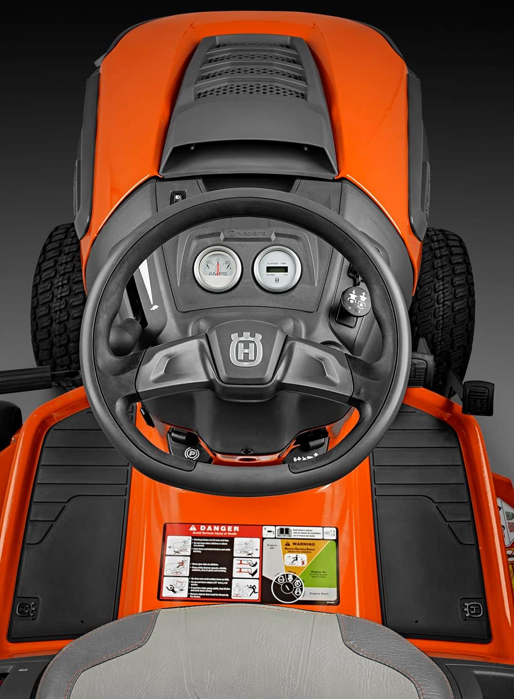 Husqvarna riding mower dashboard and steering wheel