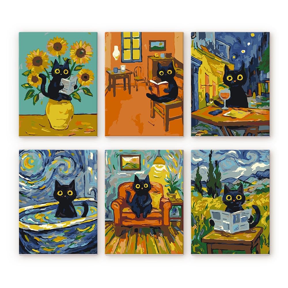 Figured'Art Peinture par Numéros Chat Van Gogh 15x20cm 6 pcs - Avec Cadre