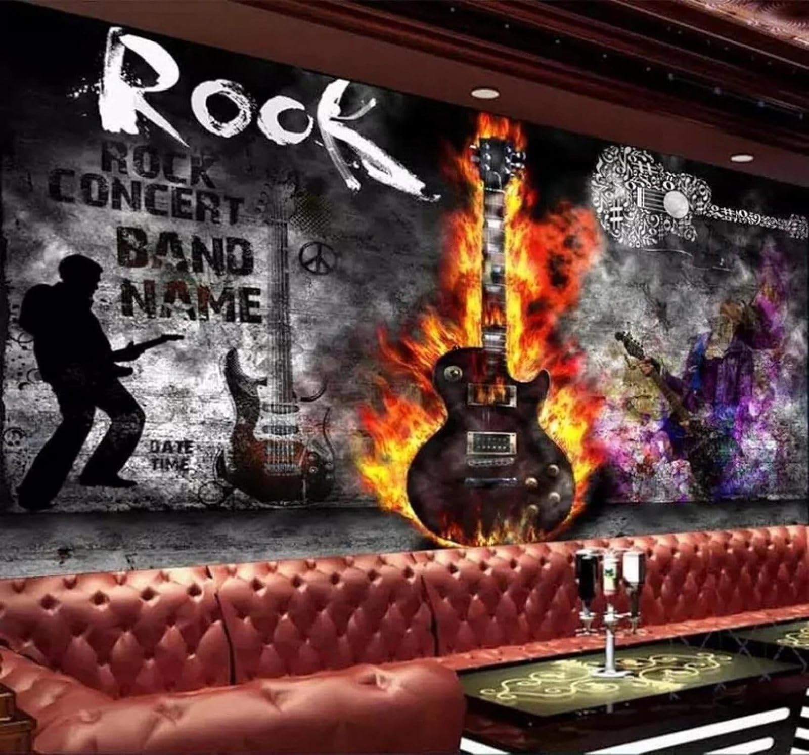 Xlming 430Cm×300Cm(B×H) Retro Graffiti Flames Guitar Rock Music 3D Wallpaper Luxury Home Dining Decor Paste Sofa Living Room The Wall For Bedroom Mural-430Cm×300Cm