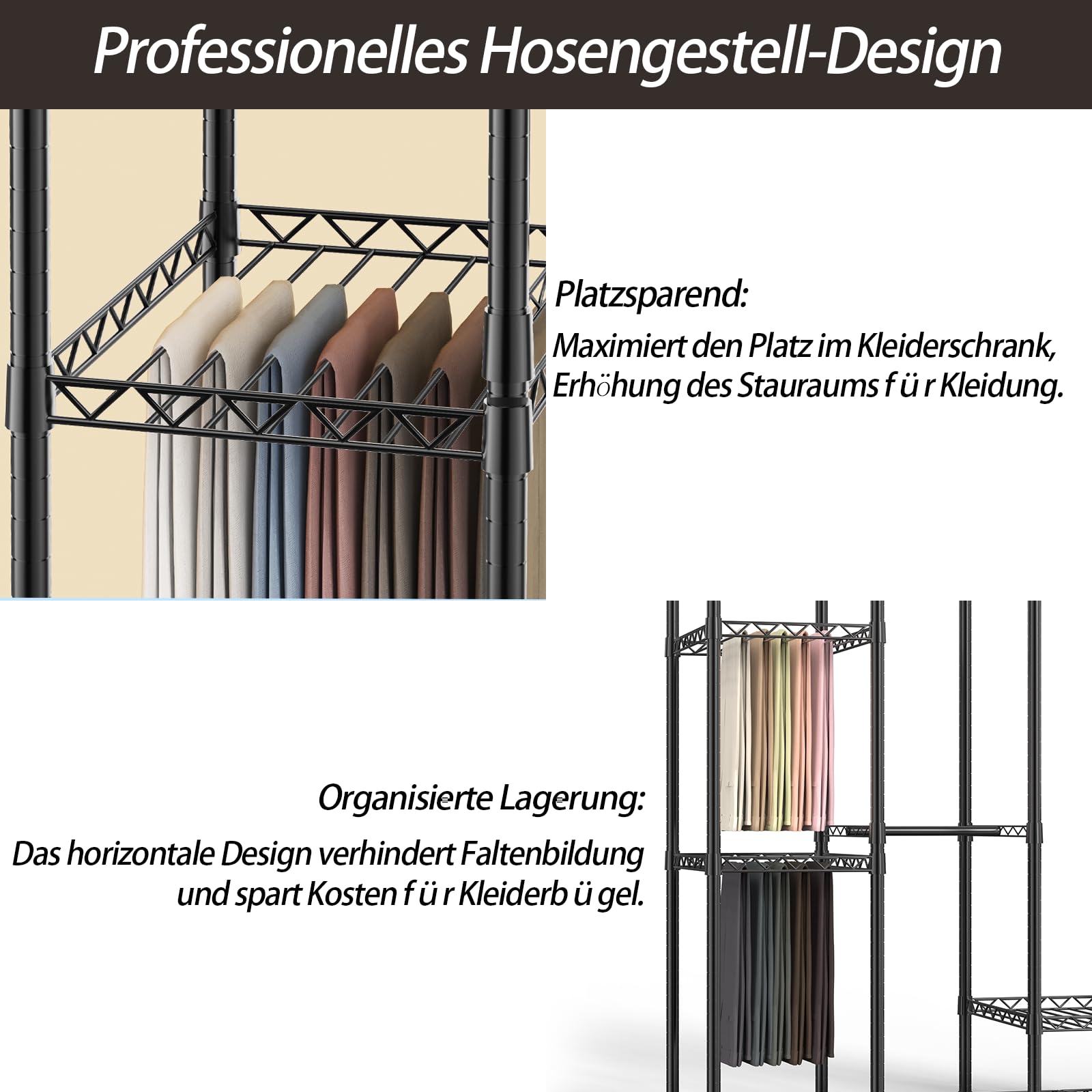 AQRA Offener Kleiderschrank System,Kleiderständer mit 9 Höhenverstellbarem Regalböden und 5 Kleiderstange, Hosenständer, 4 Schichten mit Großem Fassungsvermögen, Schwarz 193.5CM×43.5CM ×195CM