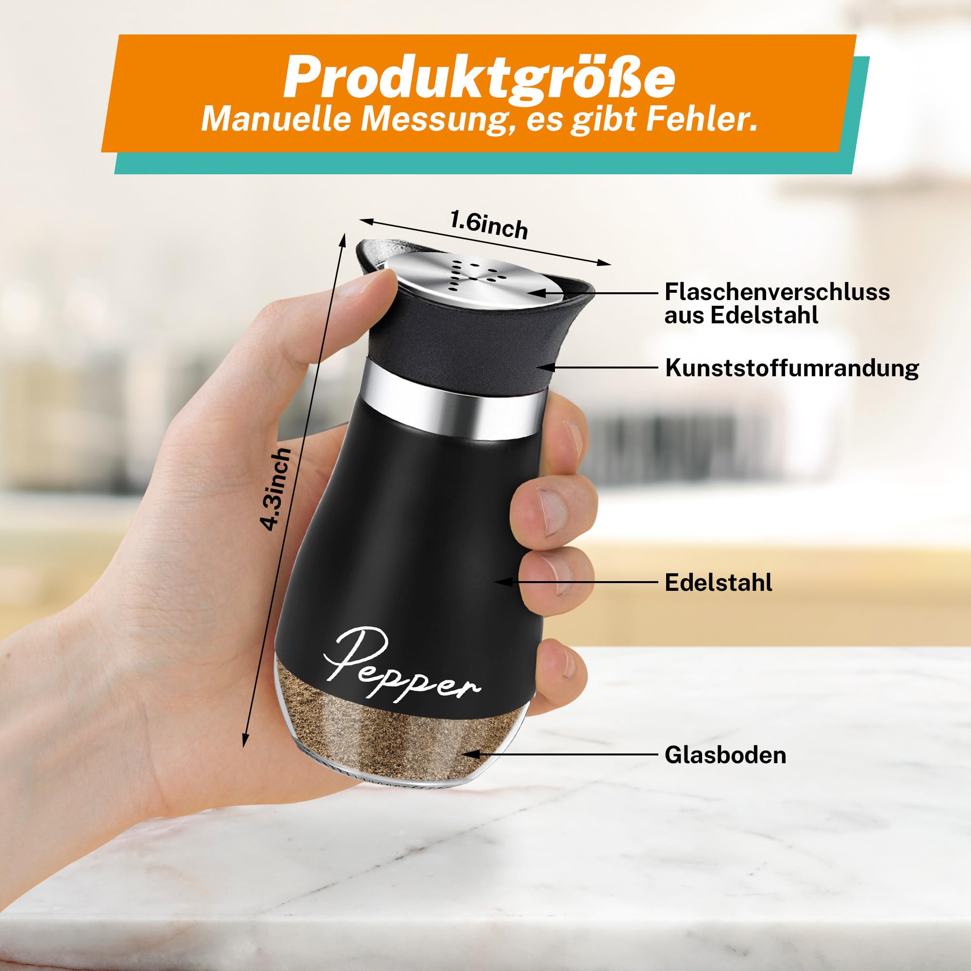 Set di saliera e pepe, 120 ml, con coperchio in acciaio inox, per sale e pepe, per cucina, in viaggio, camper, per barbecue (nero