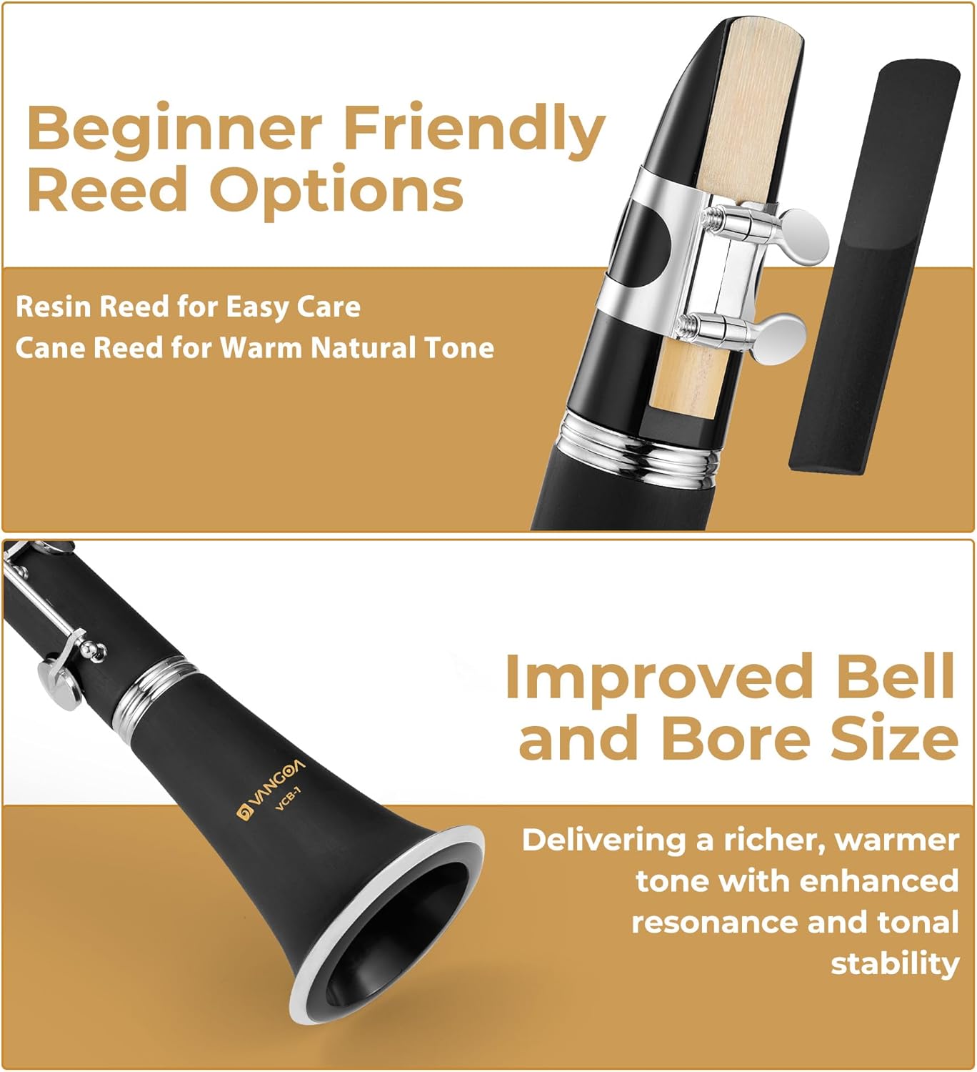 Vangoa Bb Clarinet Beginner Student Clarinet Kit for School Band 17 Nickel-Plated Keys B Flat Clarinet with Case Reeds Stand Cleaning Kit