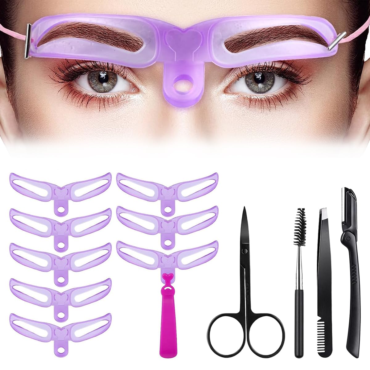 Goodern 8 Styles Eyebrow Stencils - Reusable With Handle and Strap, Washable Shaping Kit, Template Stamp Kit Including Brow Trimmer, Tweezer, Scissor, Eyelashes Roller