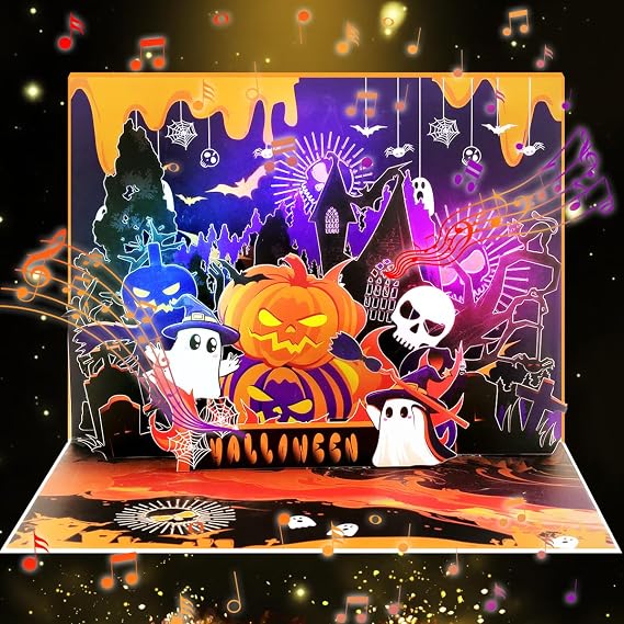 Light and Music Halloween cards, Happy Halloween Music Card, Pumpkin, Ghost, Skeleton, for Kids, Family, Friends.
