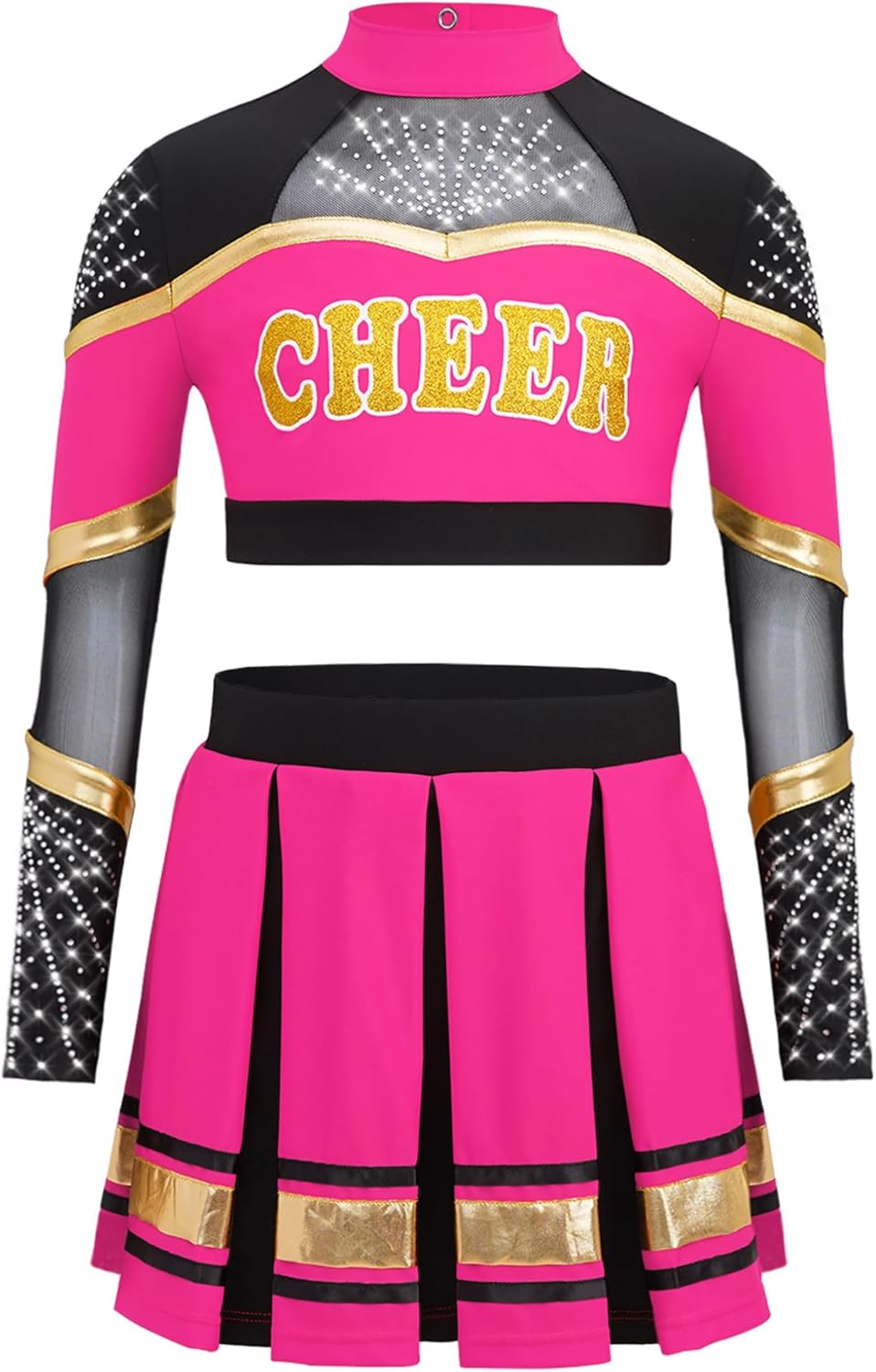 JanJean Girls Rhinestones Cheerleading Crop Top with Pleated Skirt Dance Set Sparkly Long Sleeve Cheer Leader Unifroms